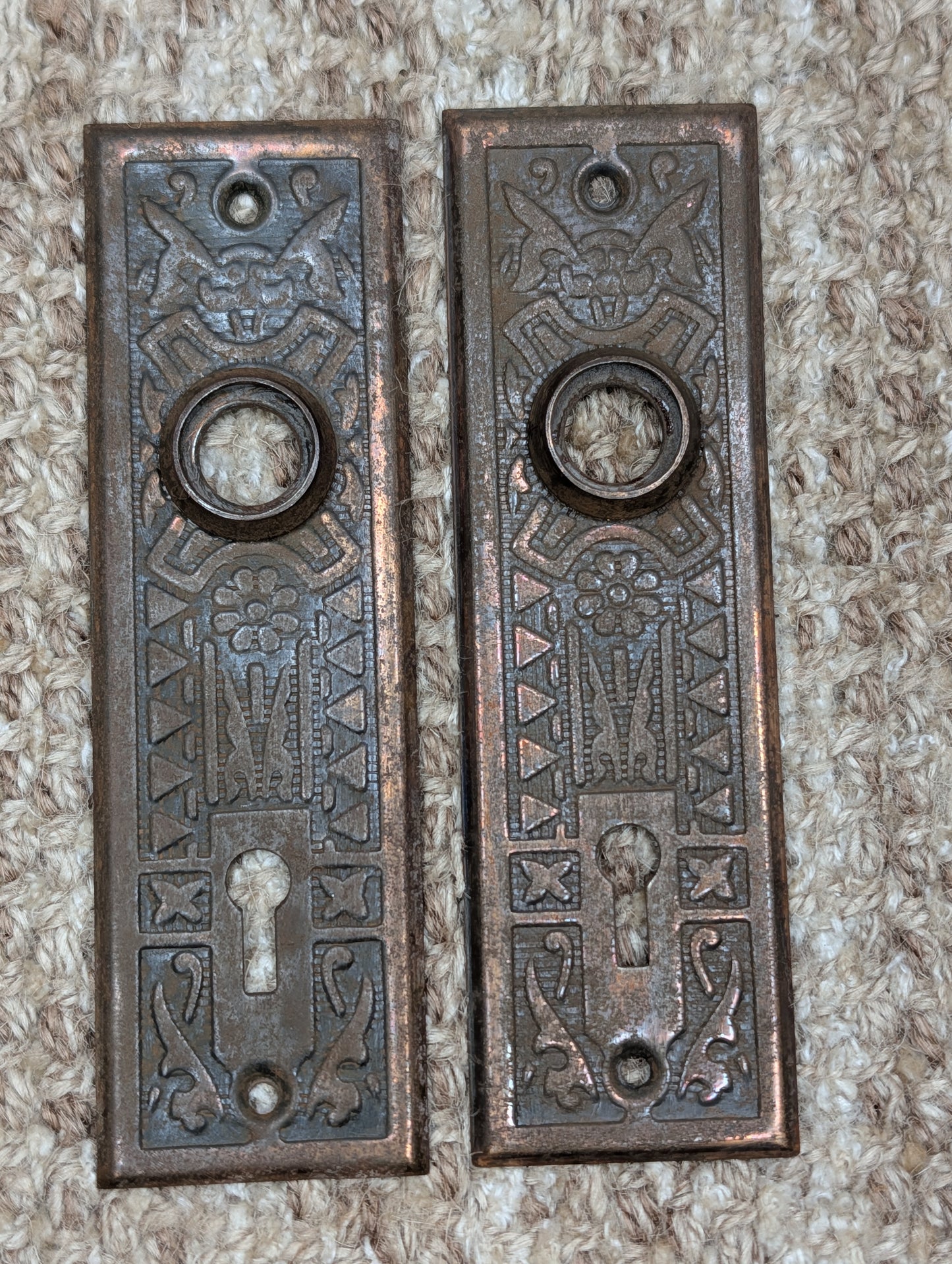 Pair 1 5/8" x 5 1/2" Antique Sargent Stamped Steel Door Knob Plates Circa 1890