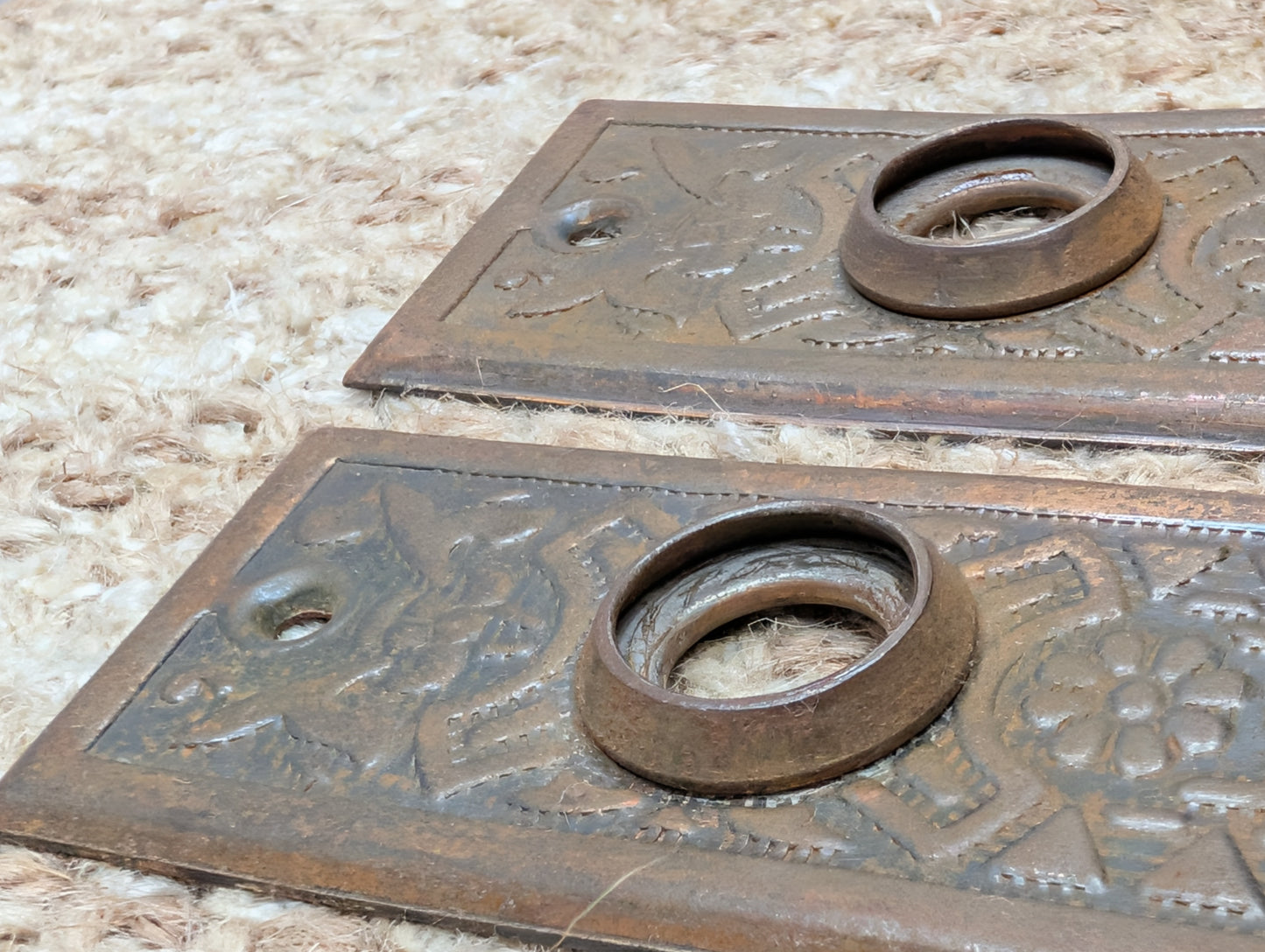 Pair 1 5/8" x 5 1/2" Antique Sargent Stamped Steel Door Knob Plates Circa 1890