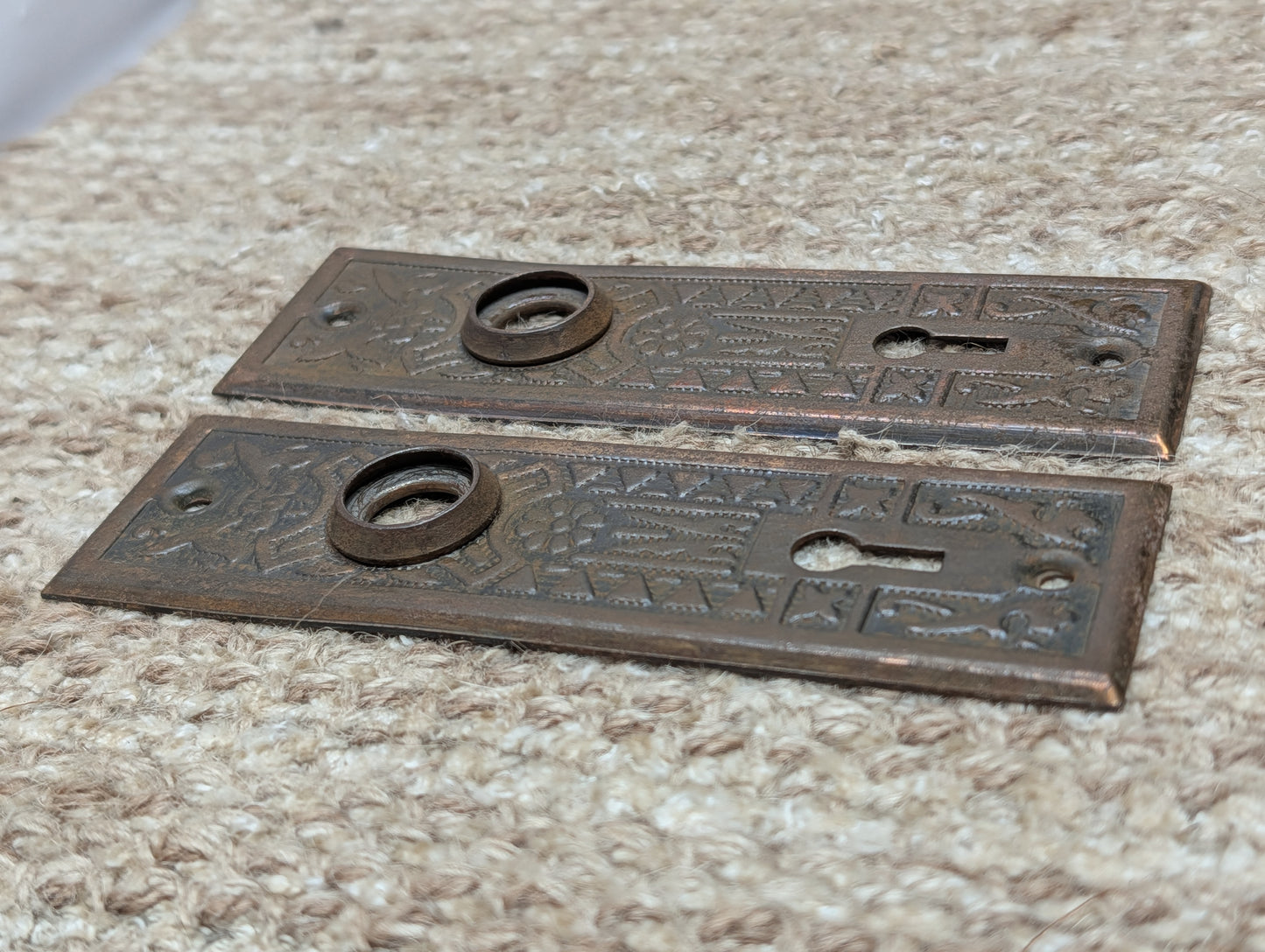 Pair 1 5/8" x 5 1/2" Antique Sargent Stamped Steel Door Knob Plates Circa 1890
