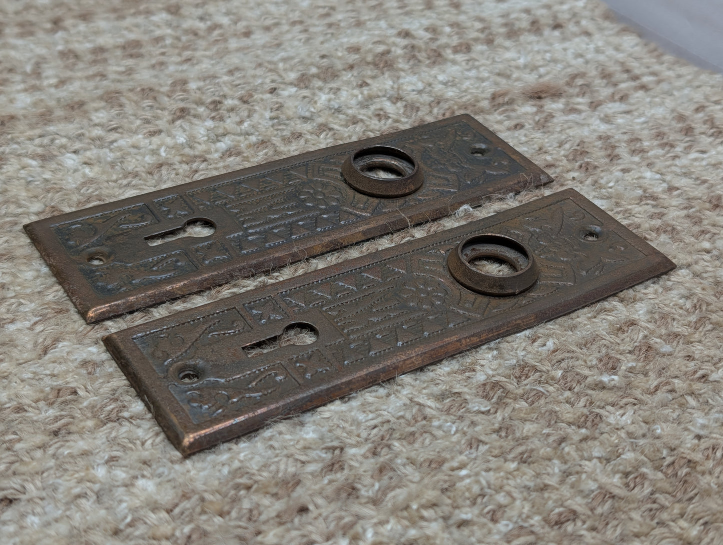 Pair 1 5/8" x 5 1/2" Antique Sargent Stamped Steel Door Knob Plates Circa 1890