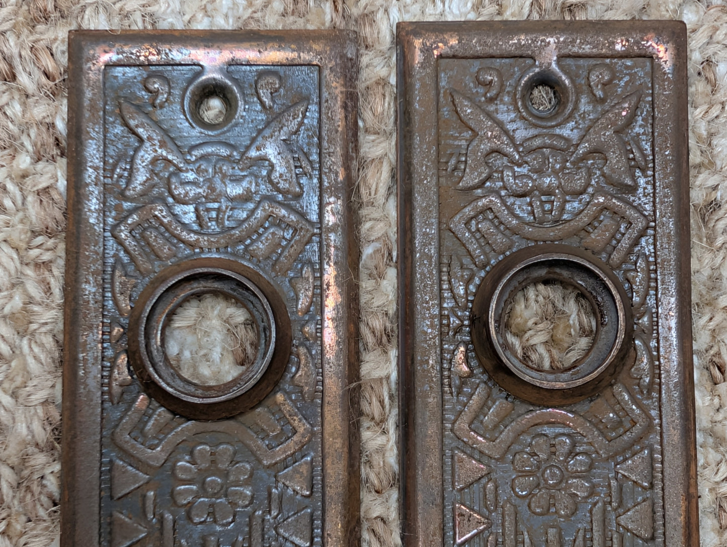 Pair 1 5/8" x 5 1/2" Antique Sargent Stamped Steel Door Knob Plates Circa 1890