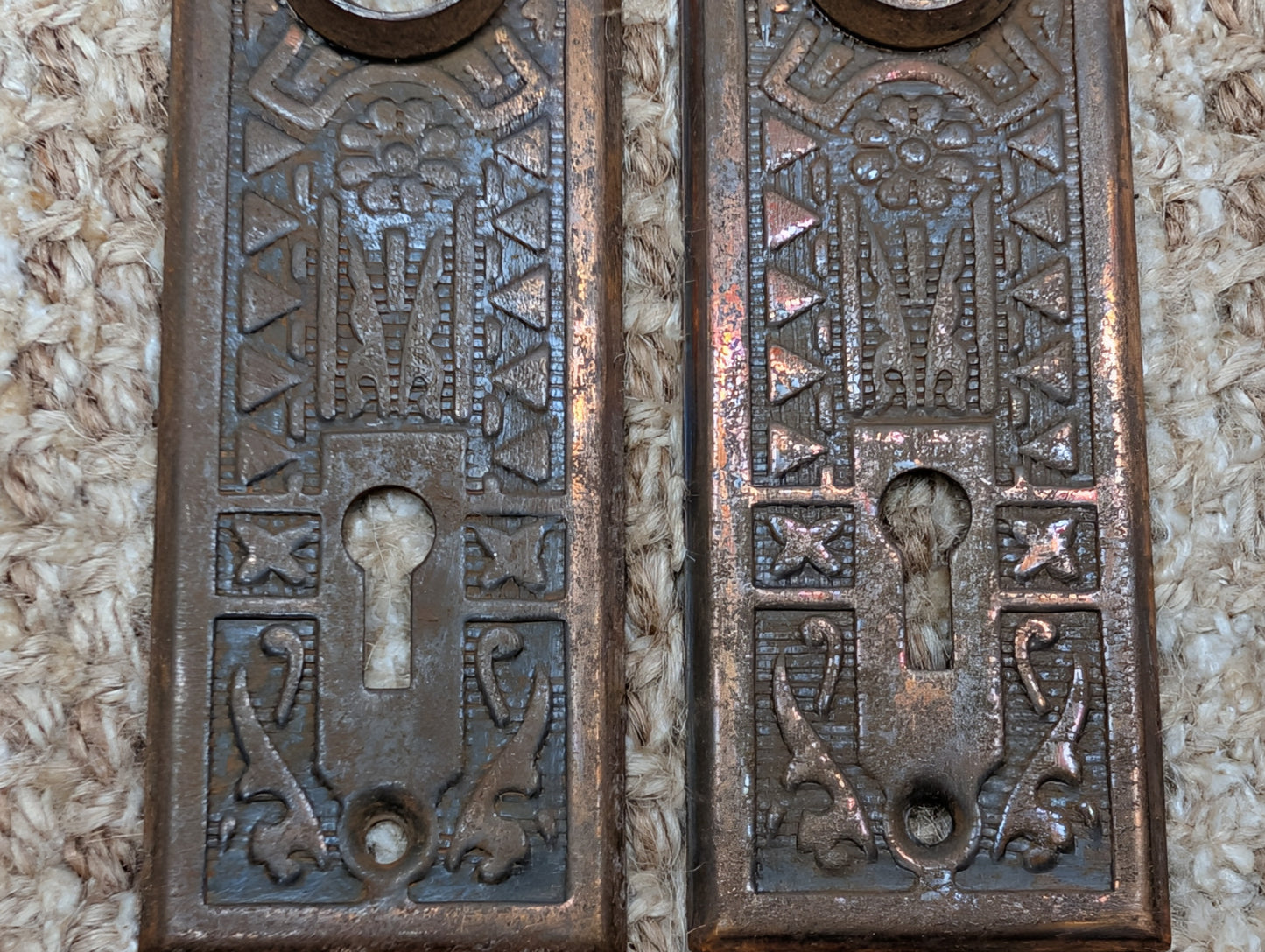 Pair 1 5/8" x 5 1/2" Antique Sargent Stamped Steel Door Knob Plates Circa 1890