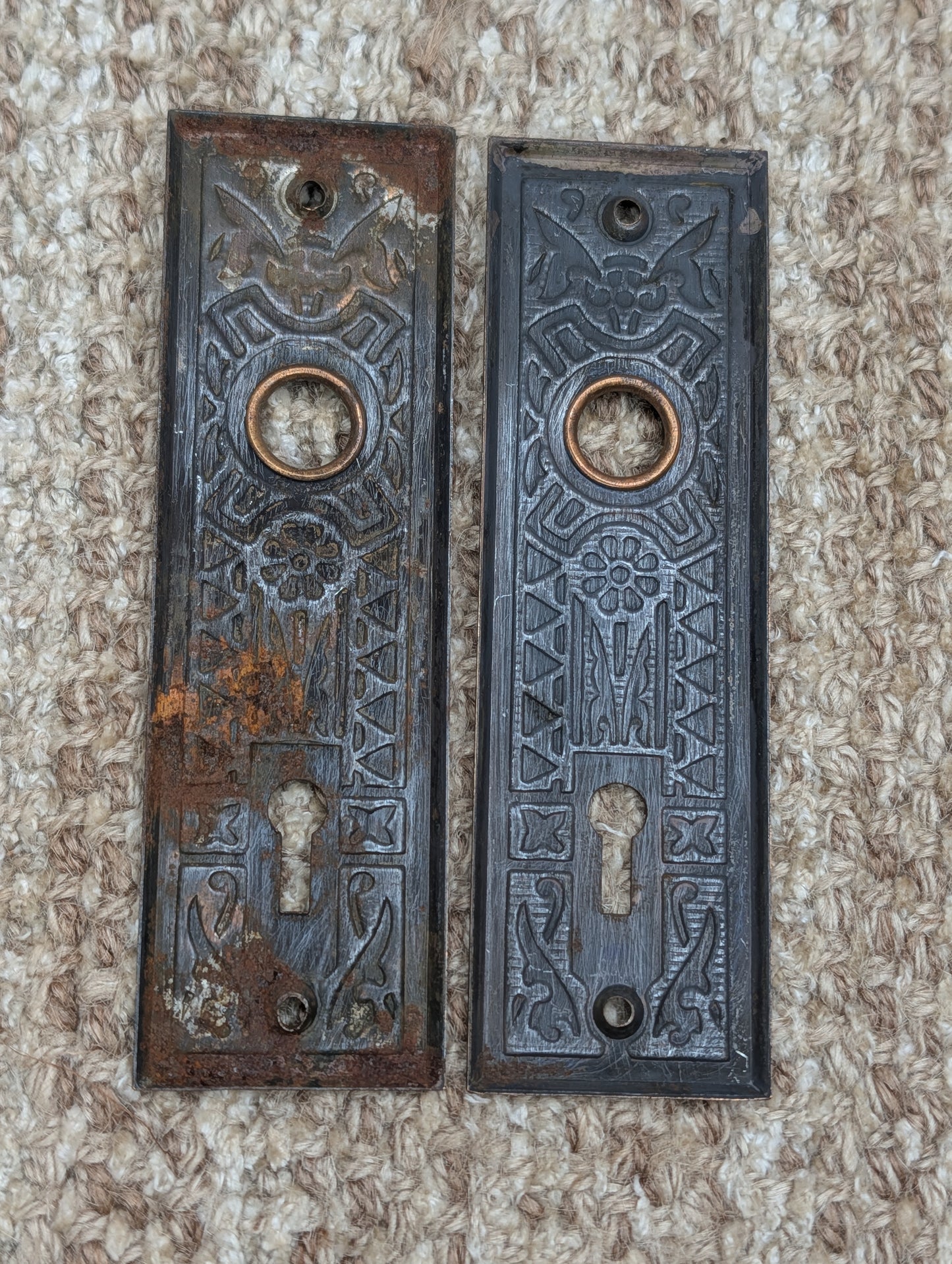 Pair 1 5/8" x 5 1/2" Antique Sargent Stamped Steel Door Knob Plates Circa 1890