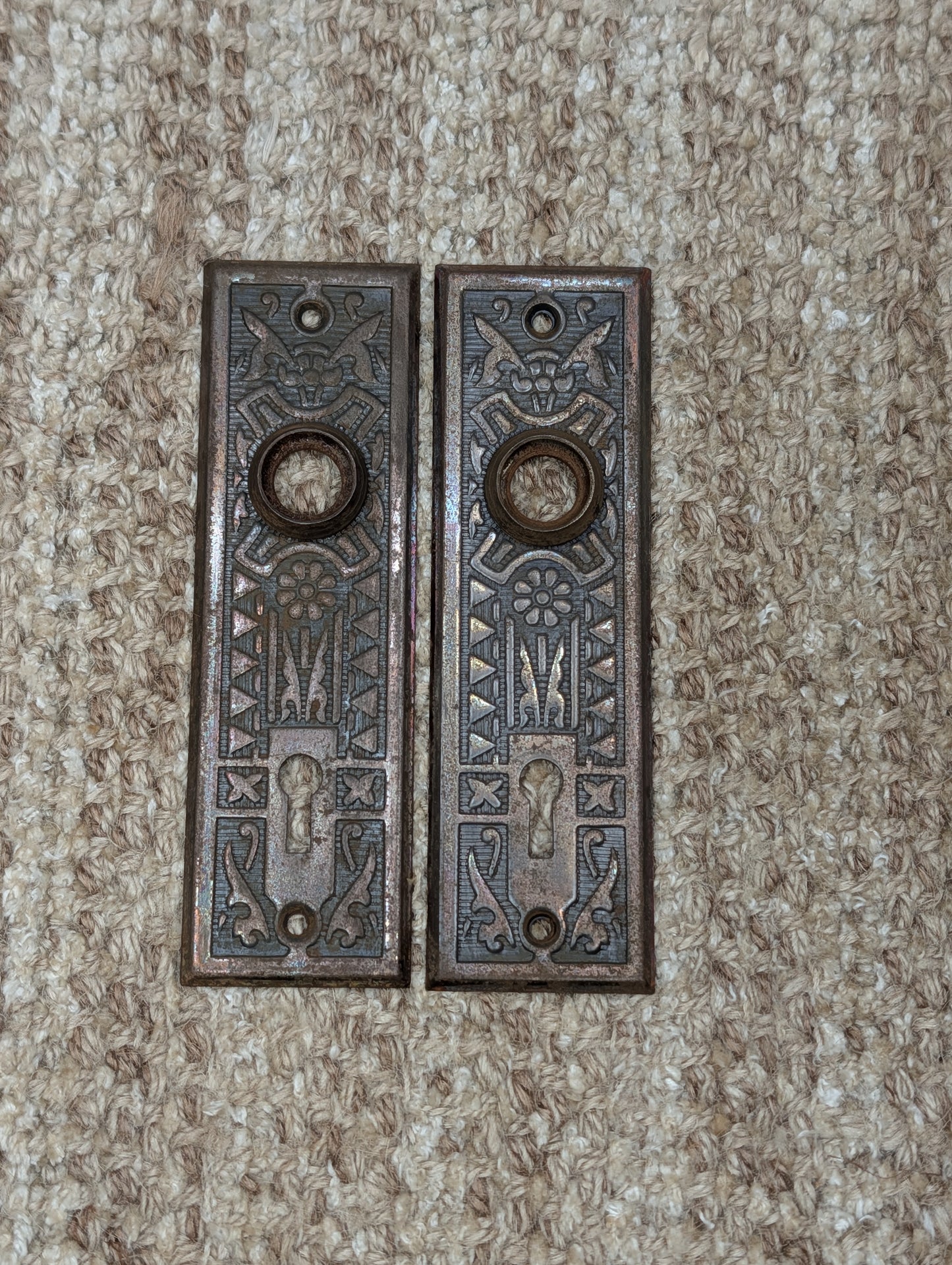 Pair 1 5/8" x 5 1/2" Antique Sargent Stamped Steel Door Knob Plates Circa 1890