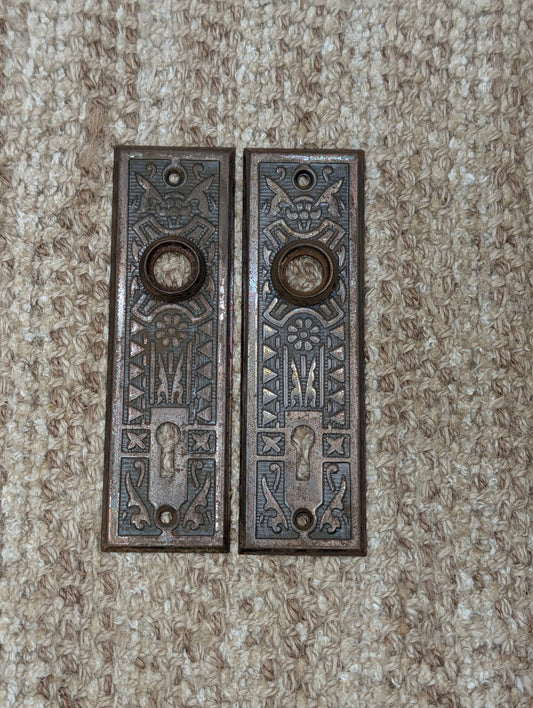 Pair 1 5/8" x 5 1/2" Antique Sargent Stamped Steel Door Knob Plates Circa 1890