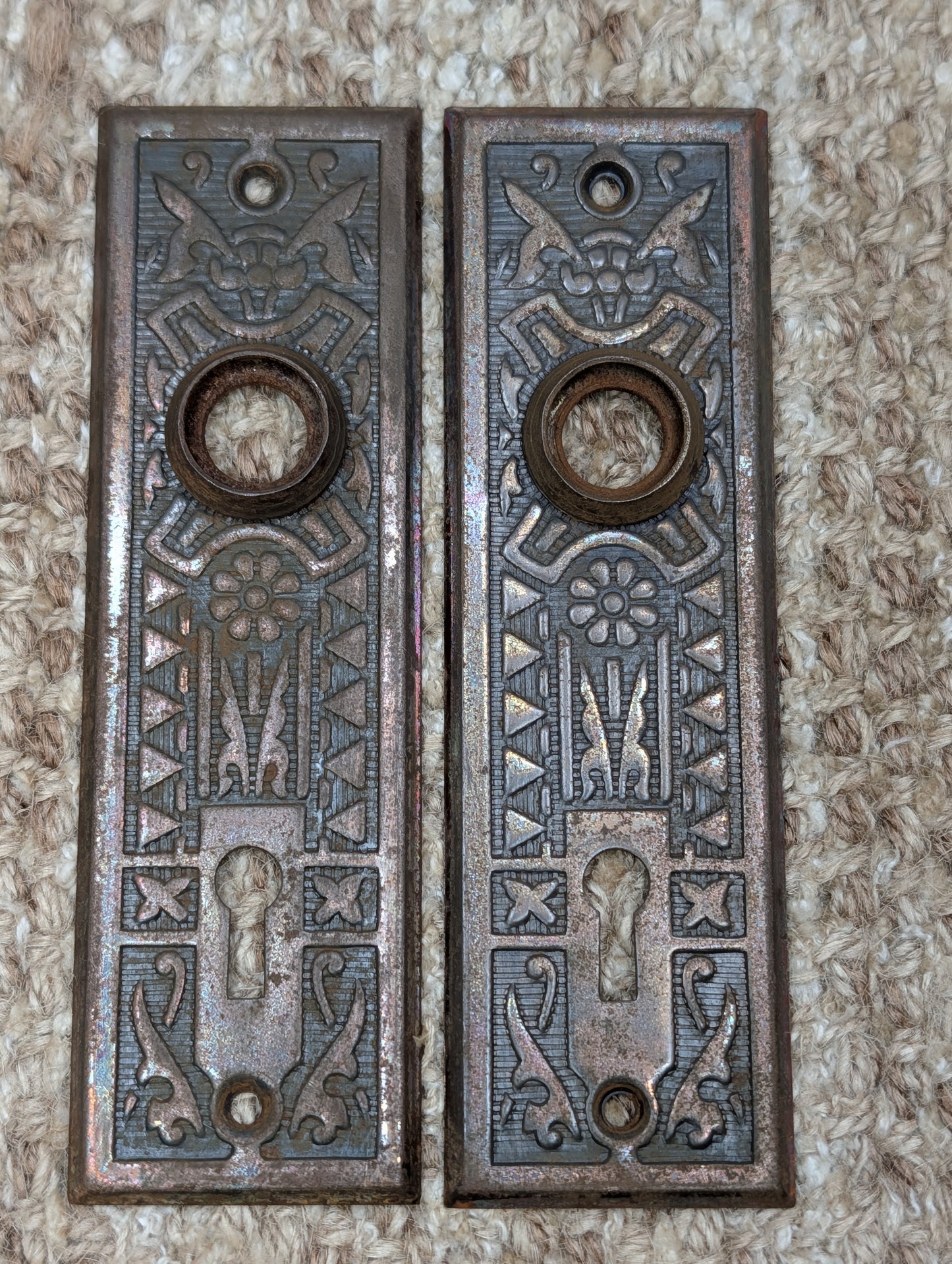 Pair 1 5/8" x 5 1/2" Antique Sargent Stamped Steel Door Knob Plates Circa 1890