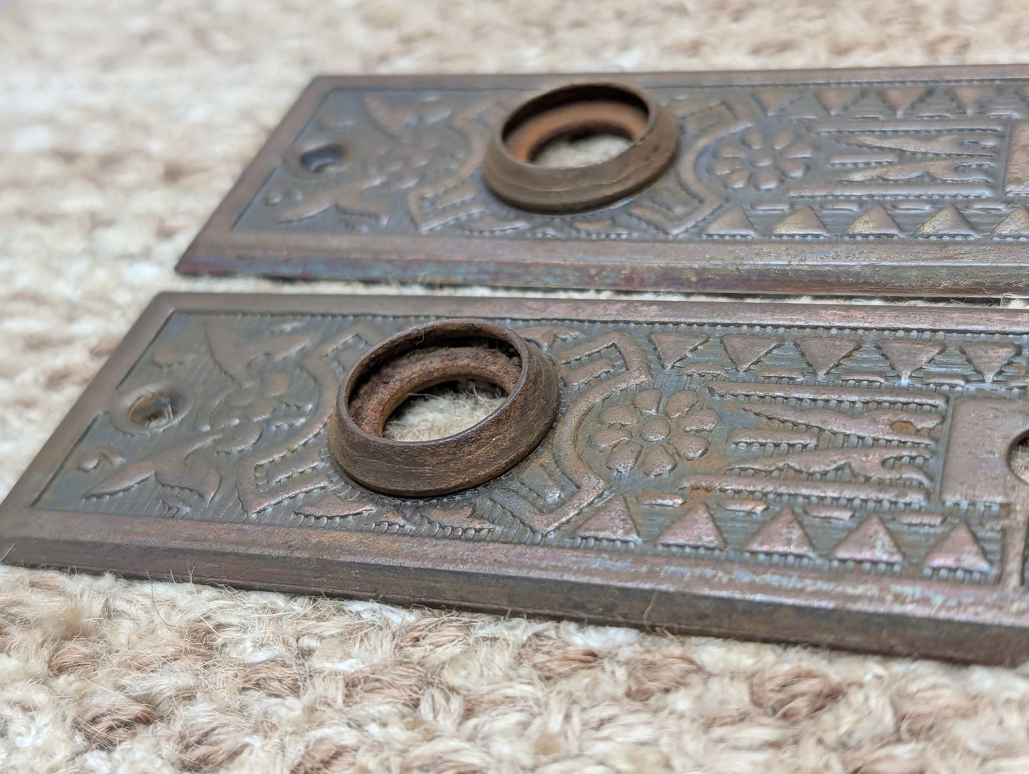 Pair 1 5/8" x 5 1/2" Antique Sargent Stamped Steel Door Knob Plates Circa 1890