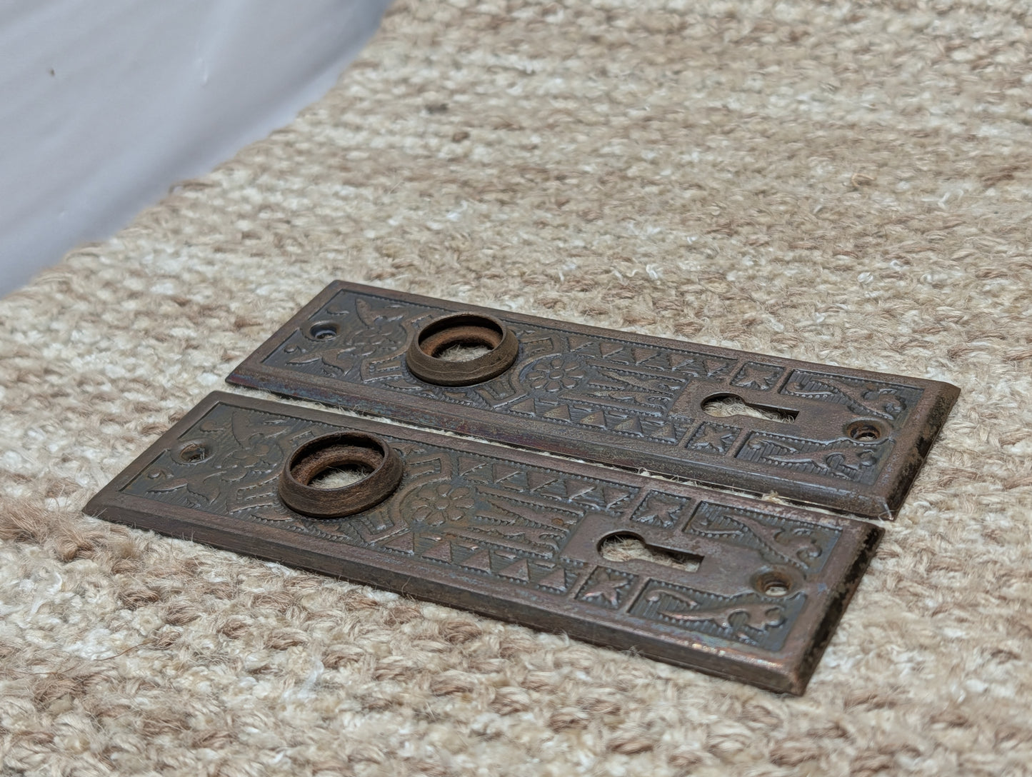 Pair 1 5/8" x 5 1/2" Antique Sargent Stamped Steel Door Knob Plates Circa 1890