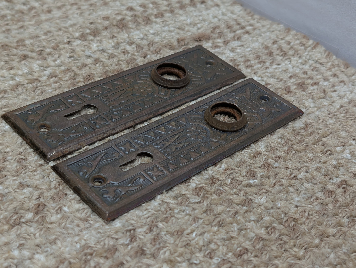 Pair 1 5/8" x 5 1/2" Antique Sargent Stamped Steel Door Knob Plates Circa 1890