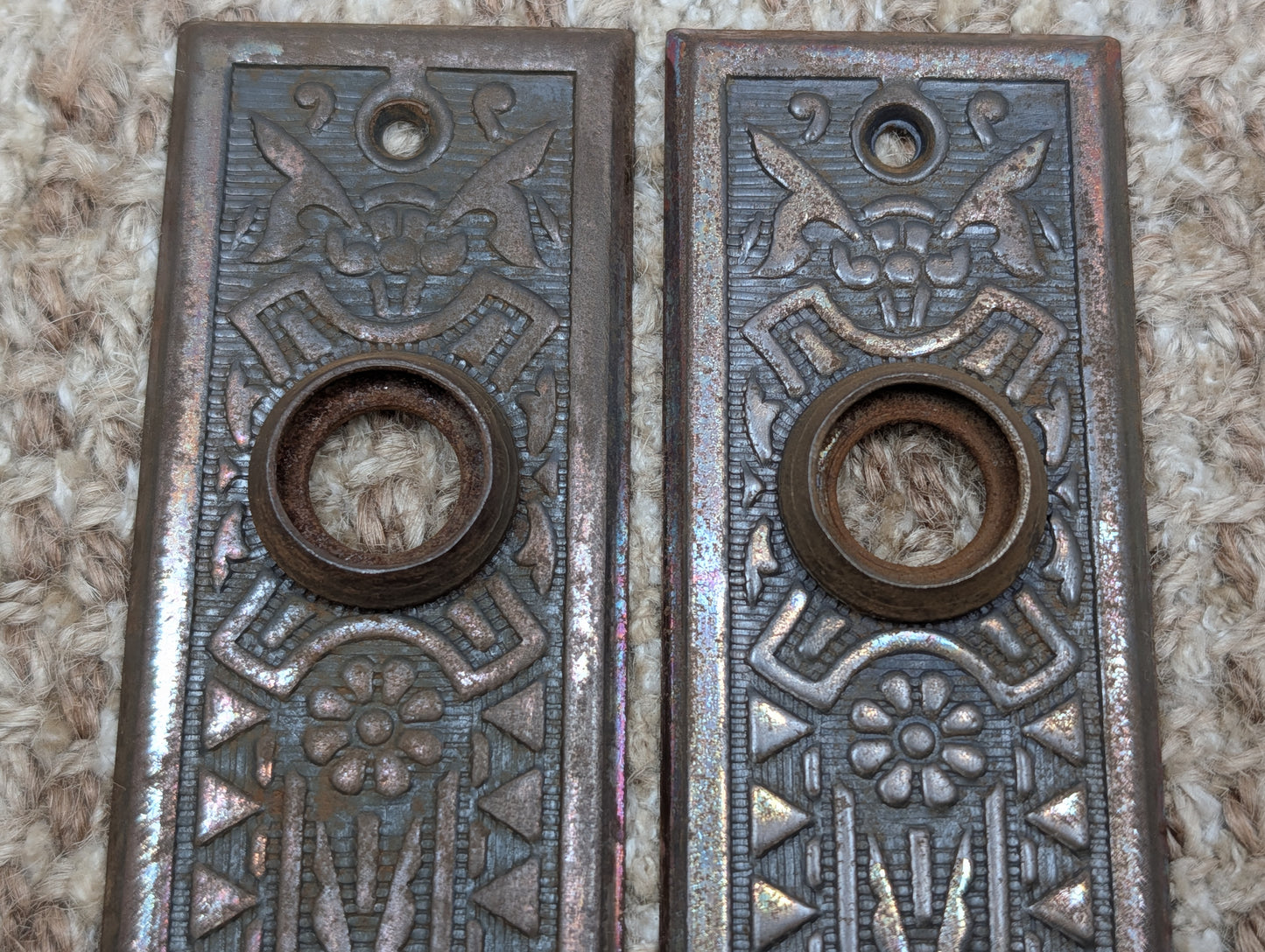 Pair 1 5/8" x 5 1/2" Antique Sargent Stamped Steel Door Knob Plates Circa 1890