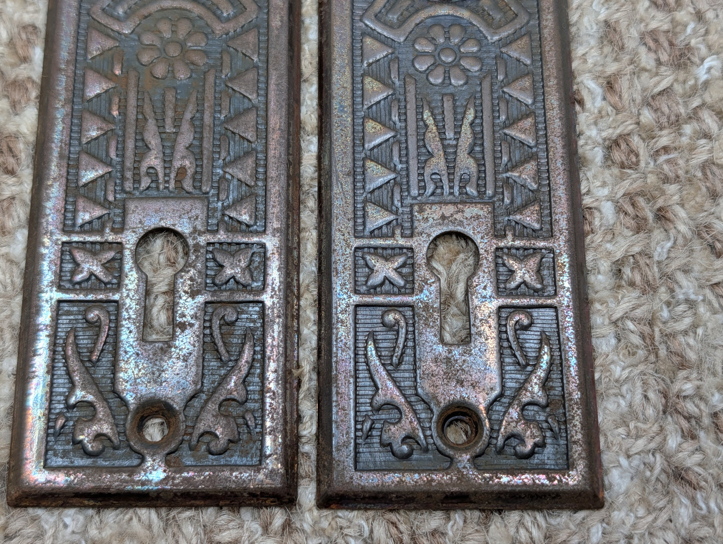 Pair 1 5/8" x 5 1/2" Antique Sargent Stamped Steel Door Knob Plates Circa 1890