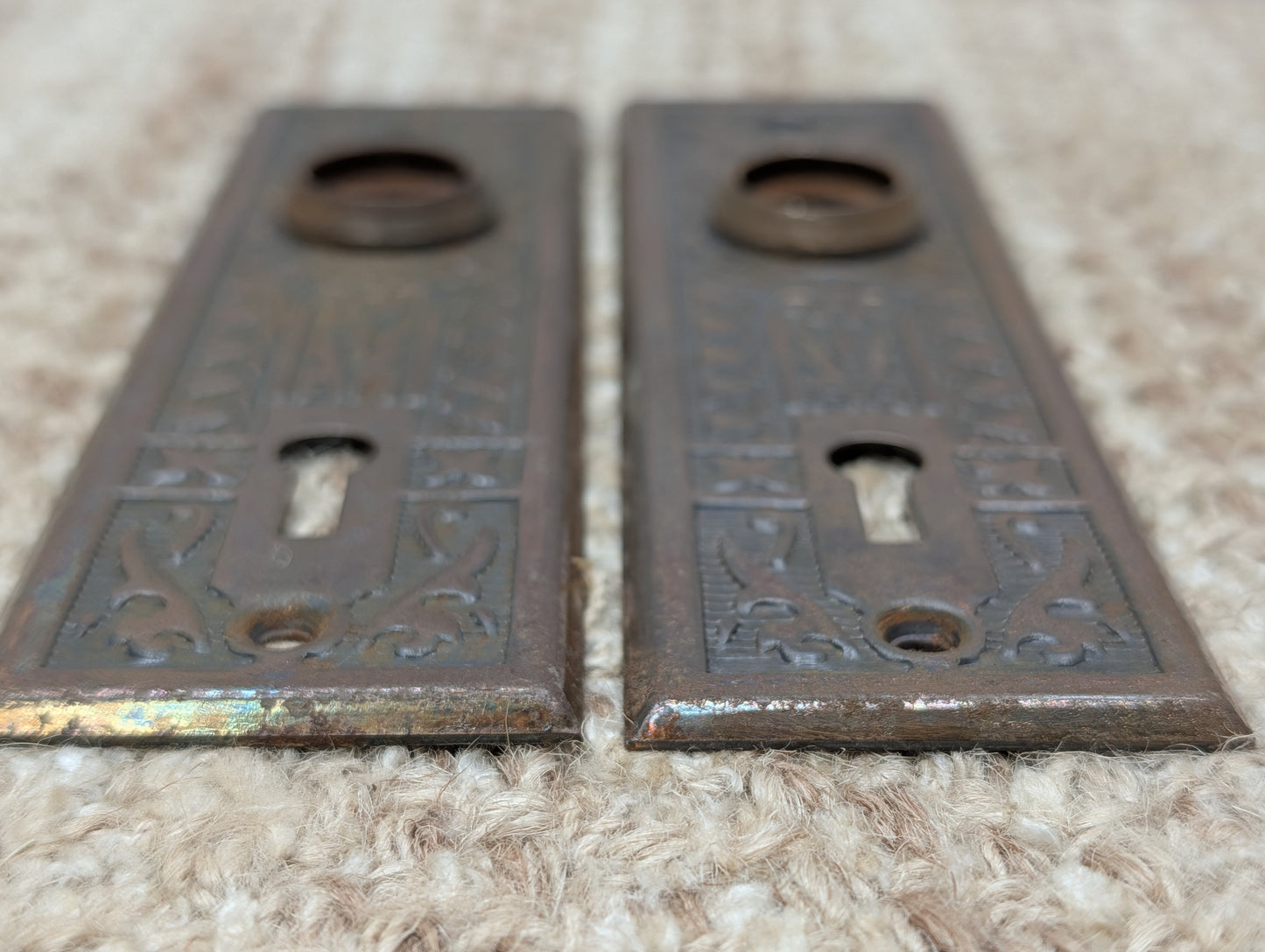 Pair 1 5/8" x 5 1/2" Antique Sargent Stamped Steel Door Knob Plates Circa 1890