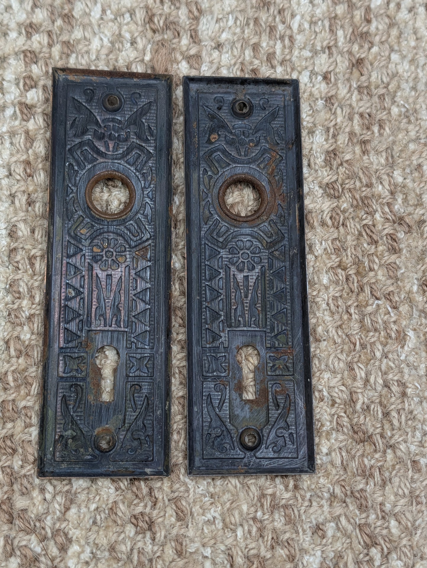 Pair 1 5/8" x 5 1/2" Antique Sargent Stamped Steel Door Knob Plates Circa 1890