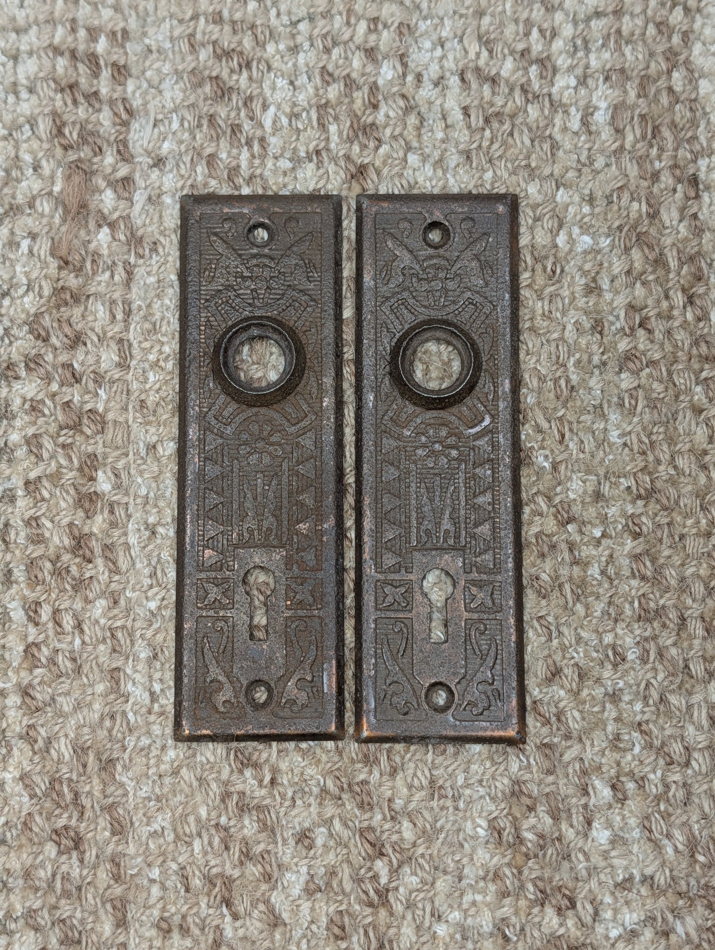 Pair 1 5/8" x 5 1/2" Antique Sargent Stamped Steel Door Knob Plates Circa 1890