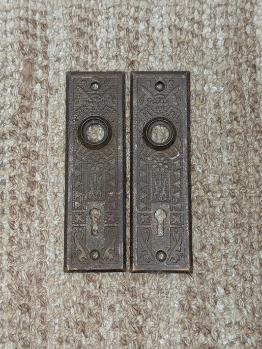 Pair 1 5/8" x 5 1/2" Antique Sargent Stamped Steel Door Knob Plates Circa 1890