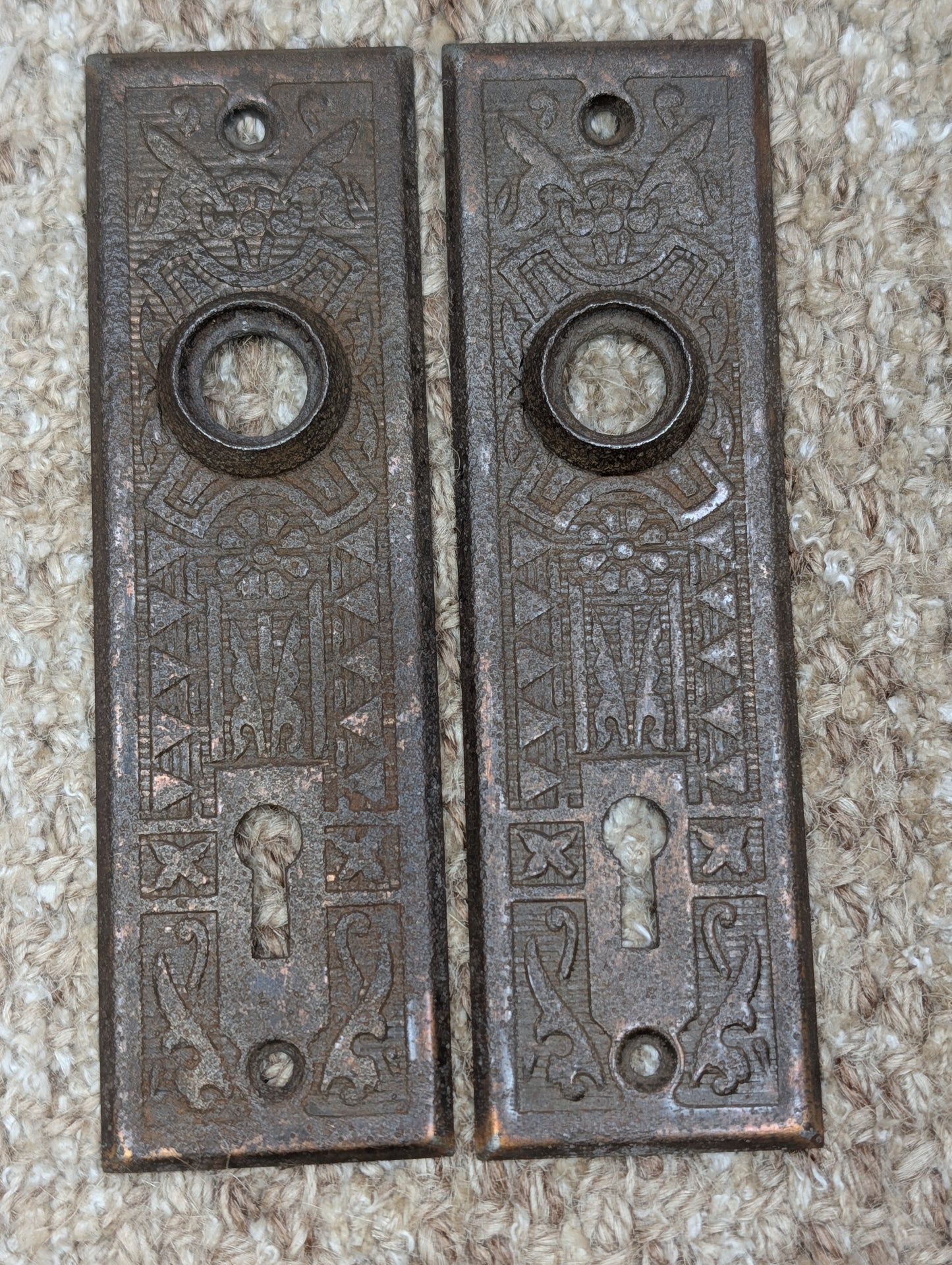 Pair 1 5/8" x 5 1/2" Antique Sargent Stamped Steel Door Knob Plates Circa 1890