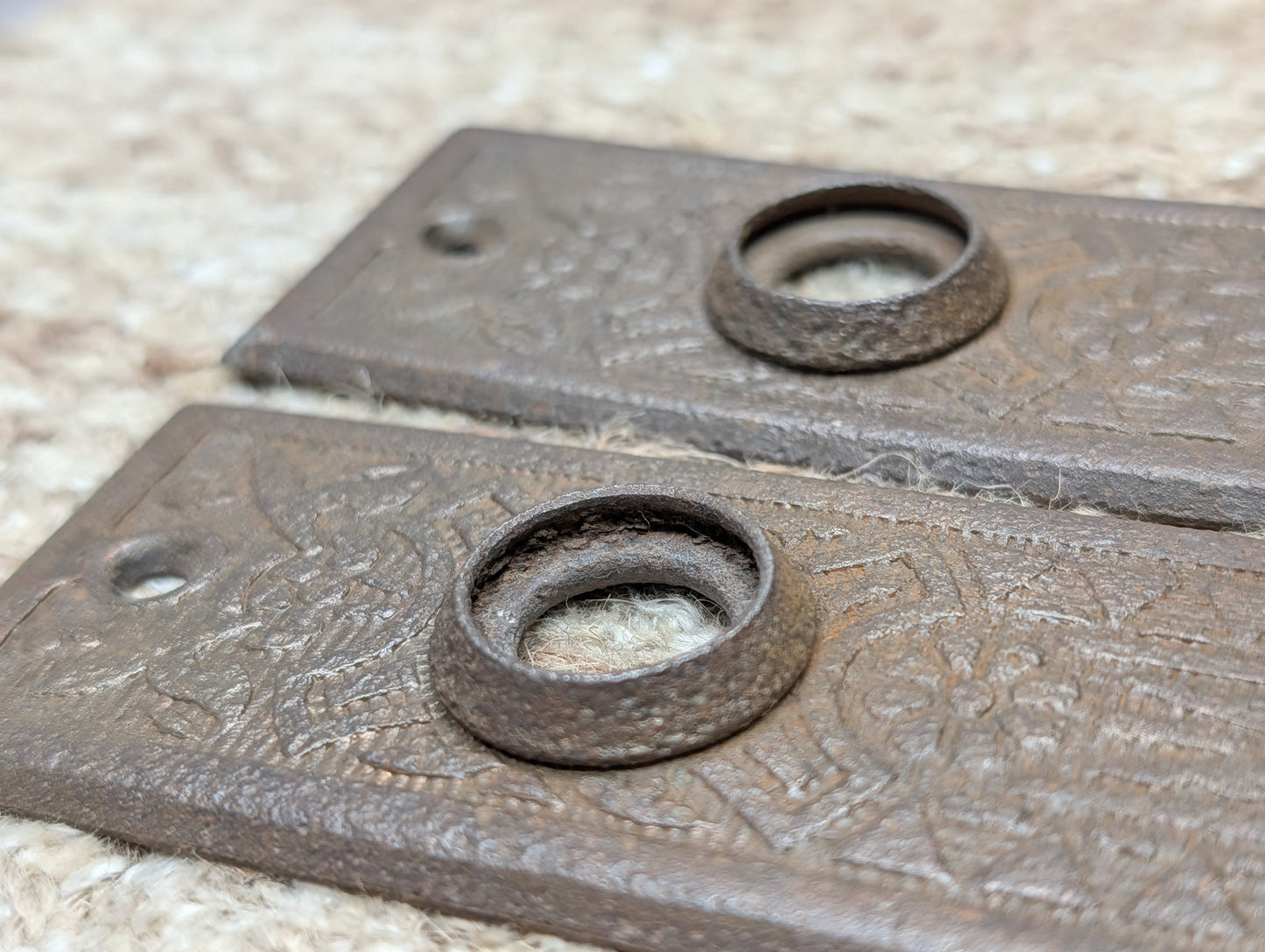 Pair 1 5/8" x 5 1/2" Antique Sargent Stamped Steel Door Knob Plates Circa 1890