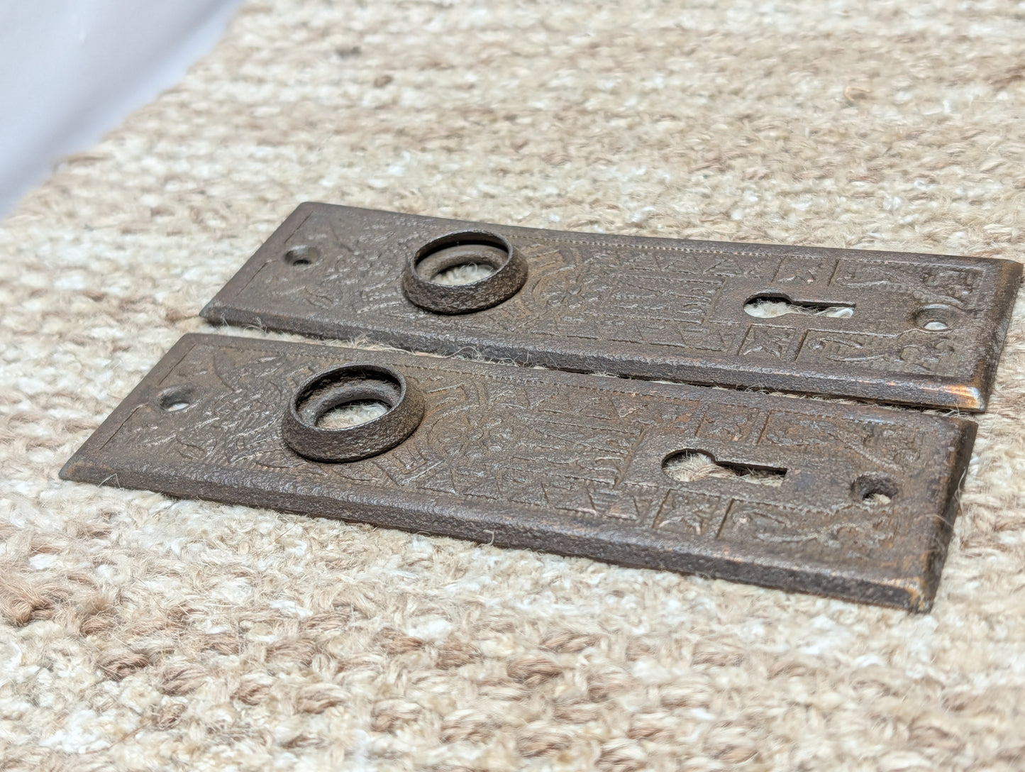 Pair 1 5/8" x 5 1/2" Antique Sargent Stamped Steel Door Knob Plates Circa 1890