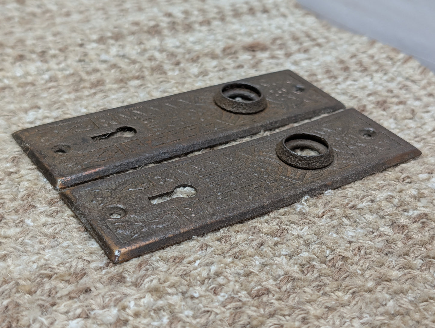 Pair 1 5/8" x 5 1/2" Antique Sargent Stamped Steel Door Knob Plates Circa 1890