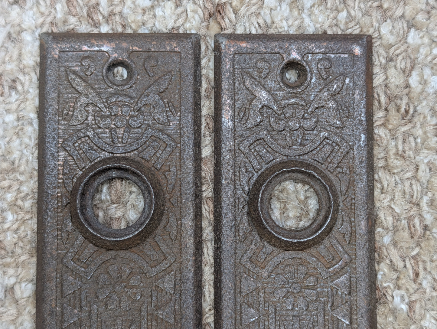 Pair 1 5/8" x 5 1/2" Antique Sargent Stamped Steel Door Knob Plates Circa 1890