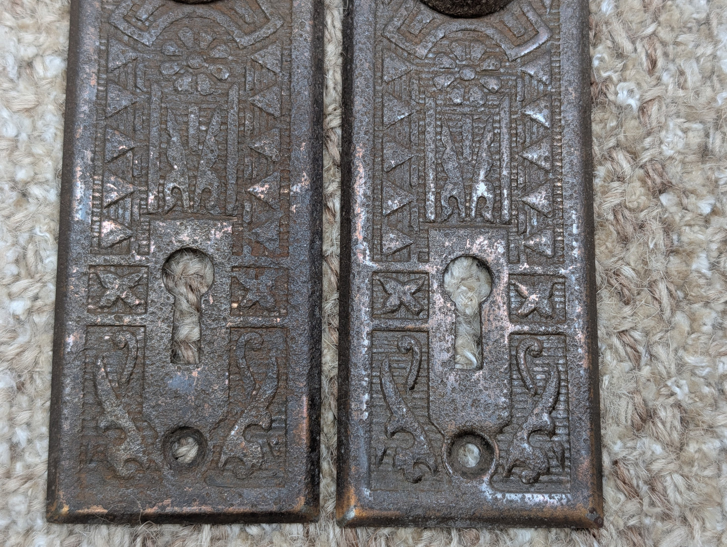 Pair 1 5/8" x 5 1/2" Antique Sargent Stamped Steel Door Knob Plates Circa 1890