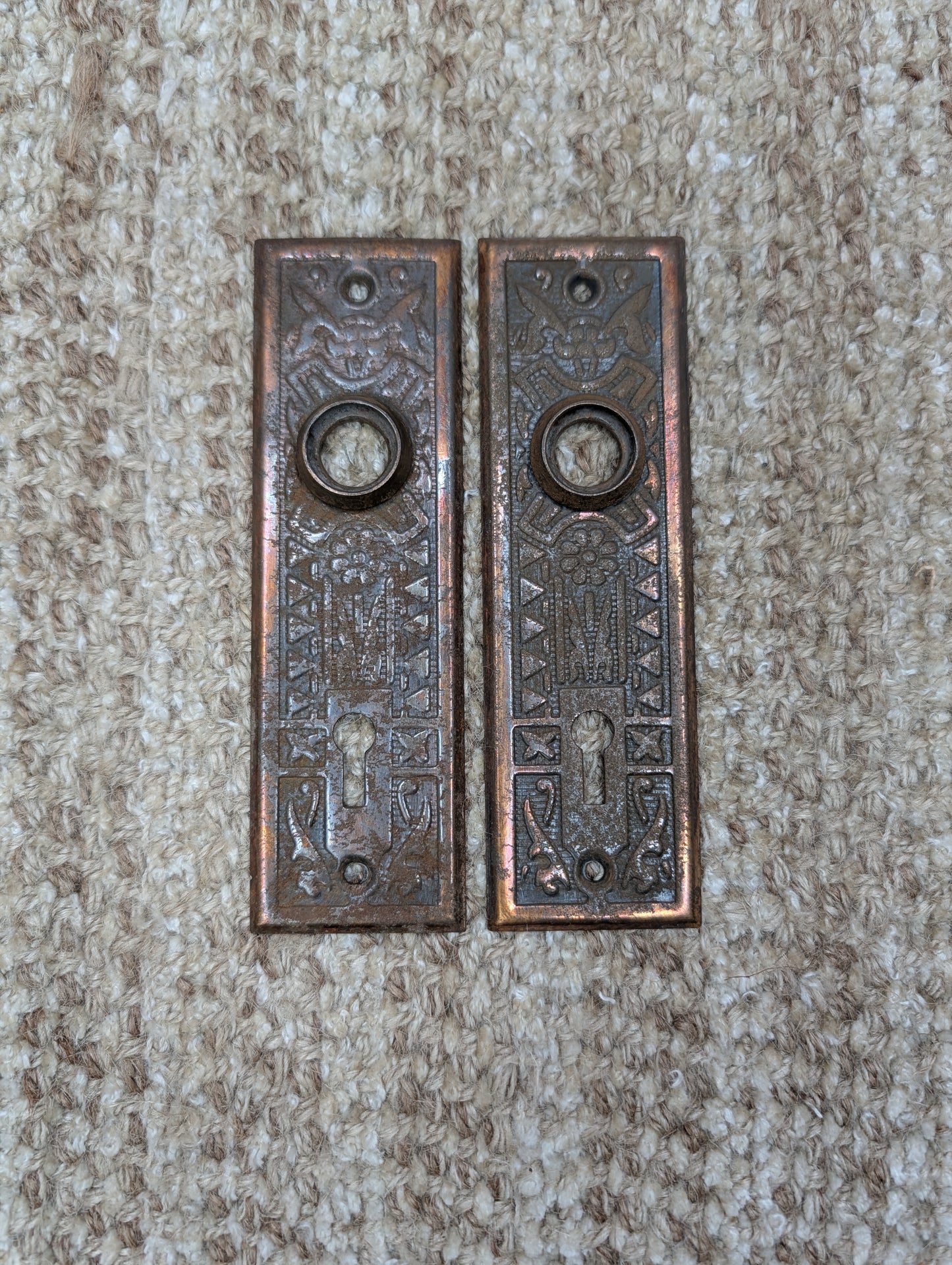 Pair 1 5/8" x 5 1/2" Antique Sargent Stamped Steel Door Knob Plates Circa 1890
