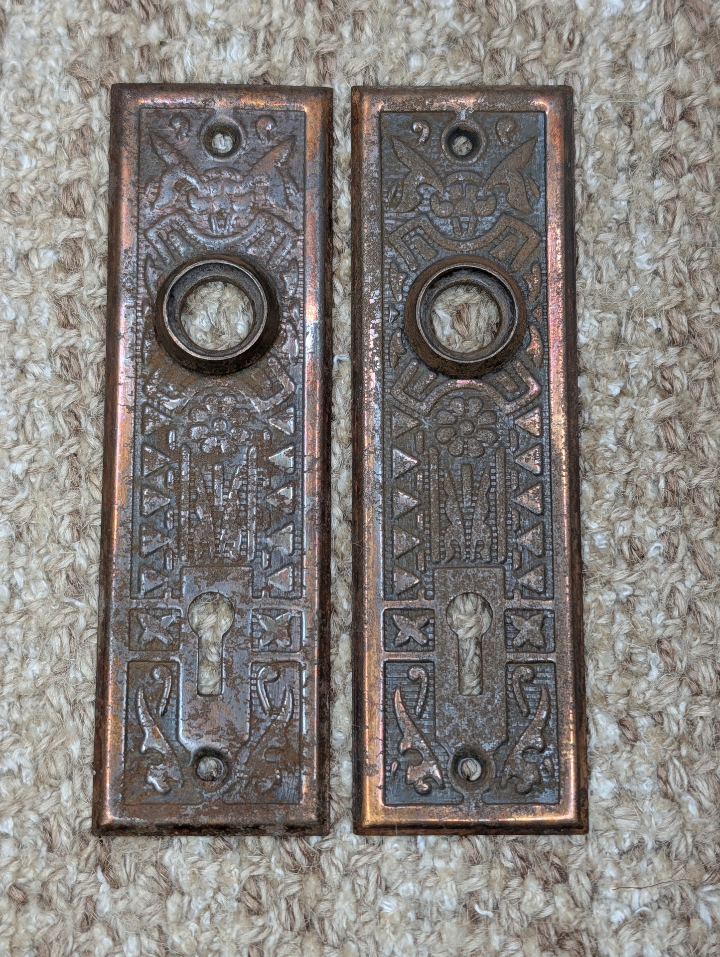 Pair 1 5/8" x 5 1/2" Antique Sargent Stamped Steel Door Knob Plates Circa 1890