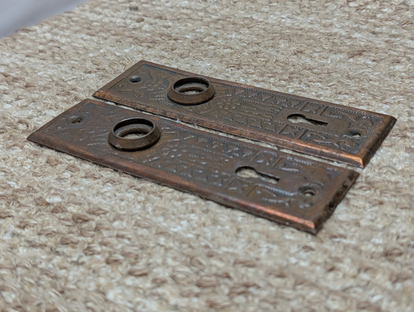 Pair 1 5/8" x 5 1/2" Antique Sargent Stamped Steel Door Knob Plates Circa 1890