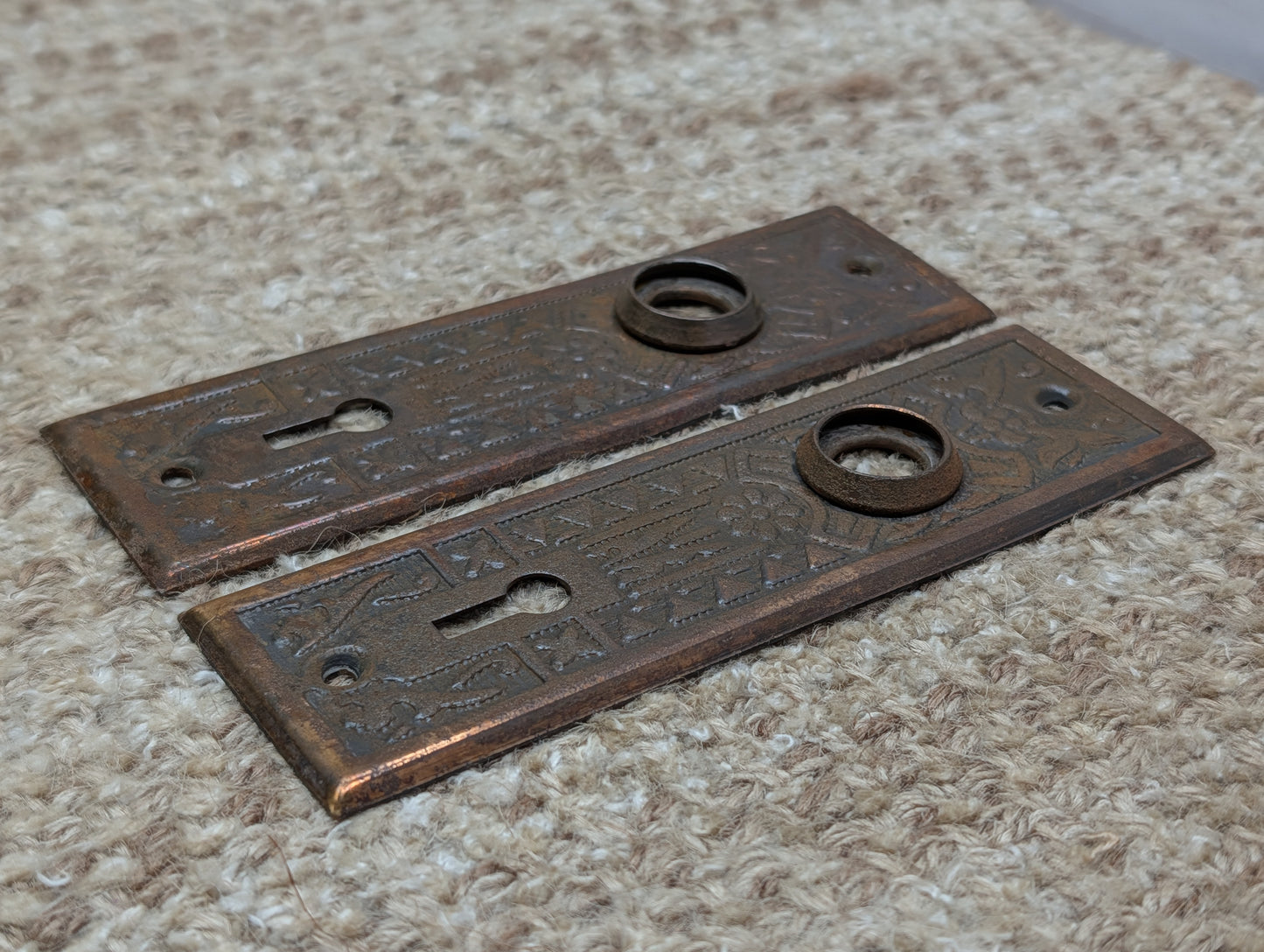 Pair 1 5/8" x 5 1/2" Antique Sargent Stamped Steel Door Knob Plates Circa 1890