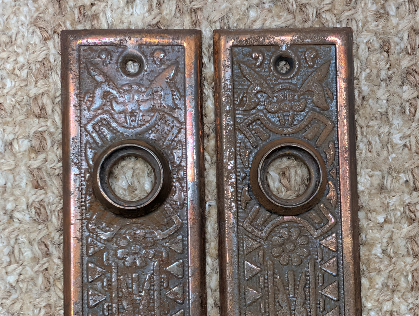 Pair 1 5/8" x 5 1/2" Antique Sargent Stamped Steel Door Knob Plates Circa 1890