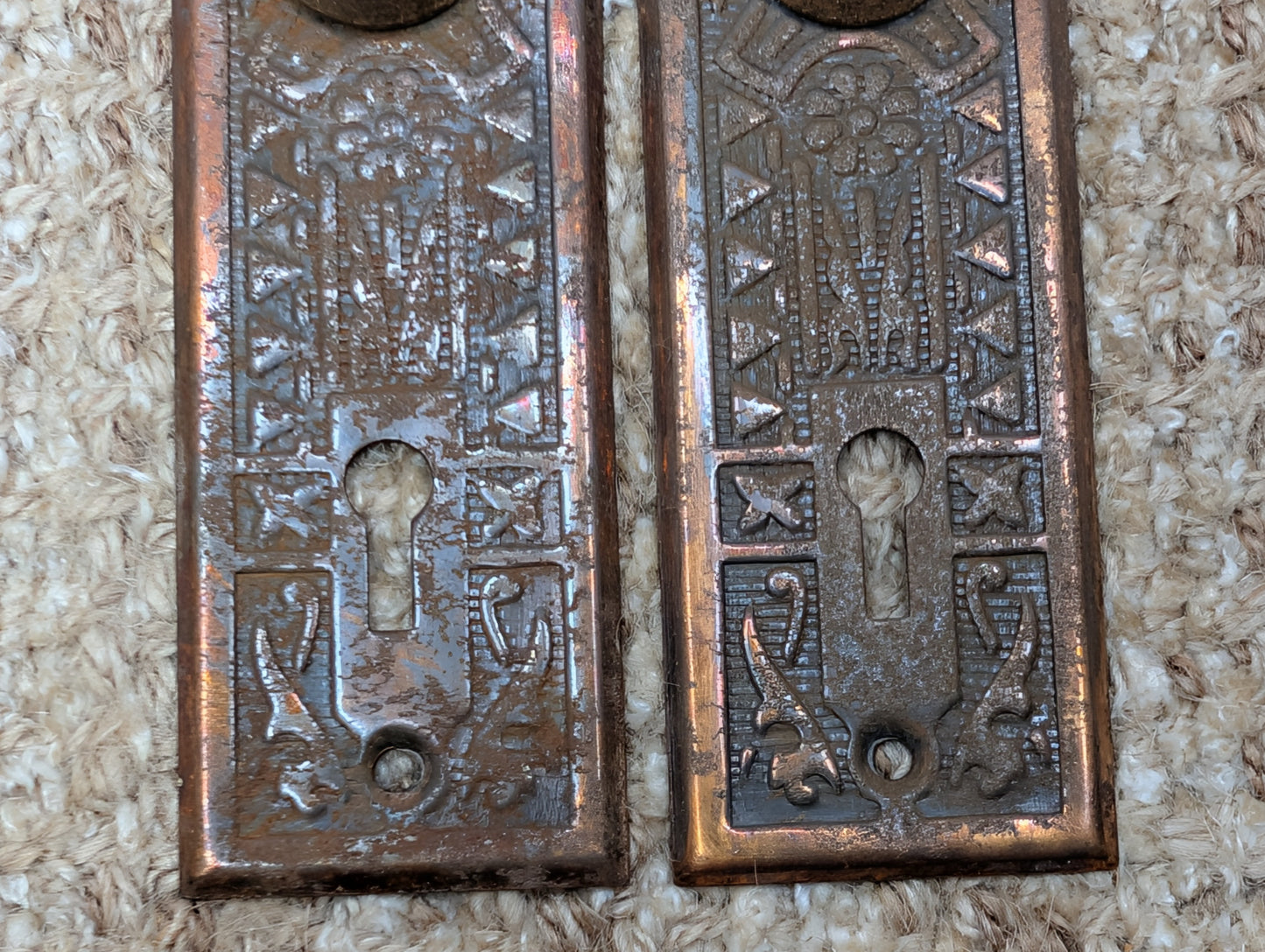 Pair 1 5/8" x 5 1/2" Antique Sargent Stamped Steel Door Knob Plates Circa 1890