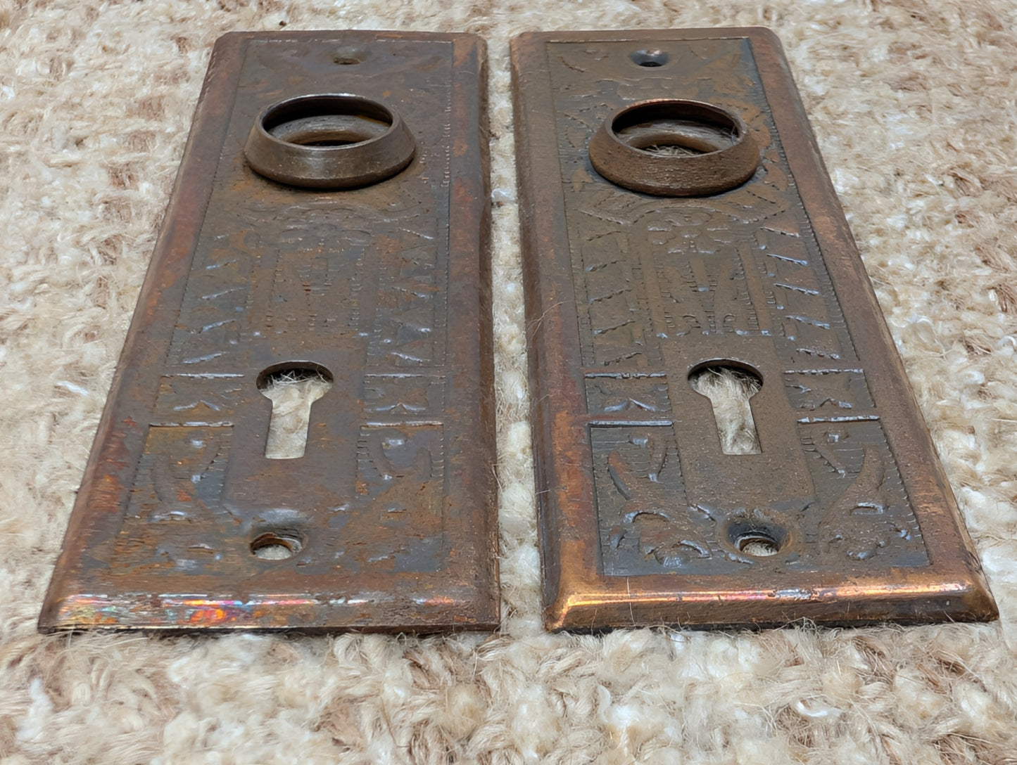 Pair 1 5/8" x 5 1/2" Antique Sargent Stamped Steel Door Knob Plates Circa 1890