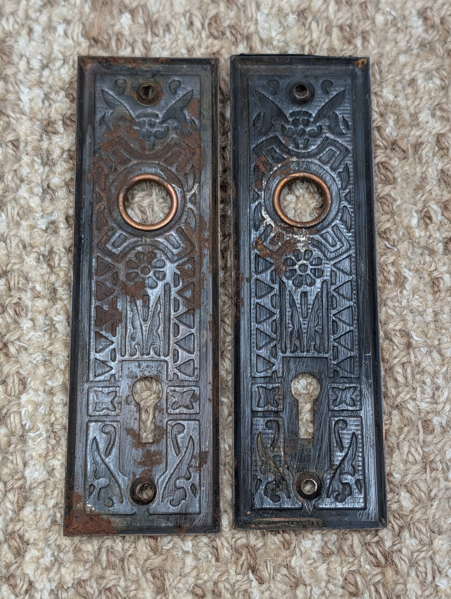 Pair 1 5/8" x 5 1/2" Antique Sargent Stamped Steel Door Knob Plates Circa 1890