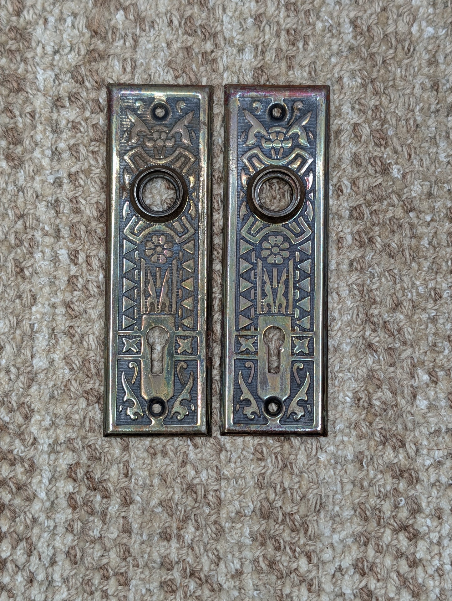 Pair 1 5/8" x 5 1/2" Antique Sargent Stamped Steel Door Knob Plates Circa 1890