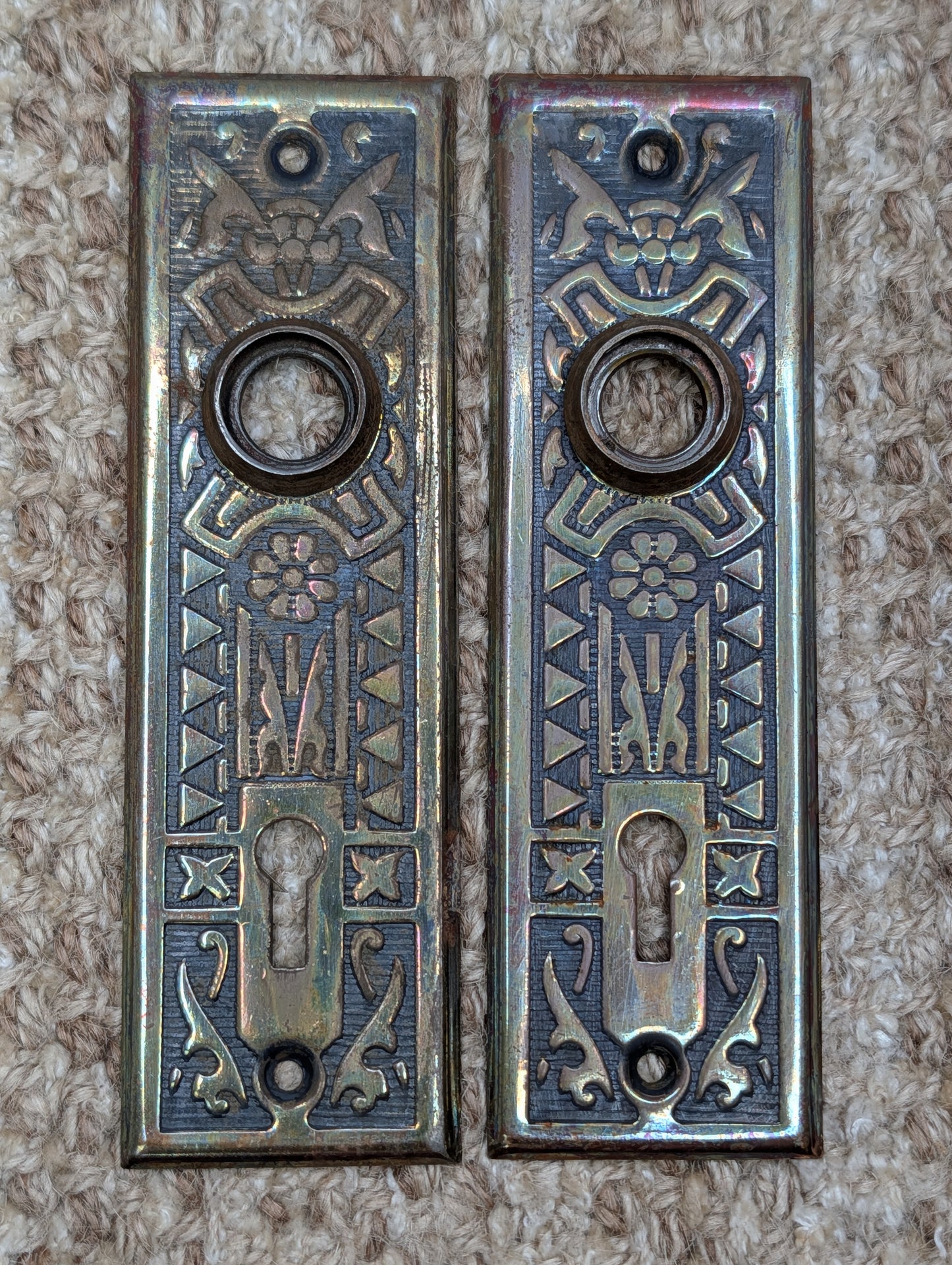 Pair 1 5/8" x 5 1/2" Antique Sargent Stamped Steel Door Knob Plates Circa 1890