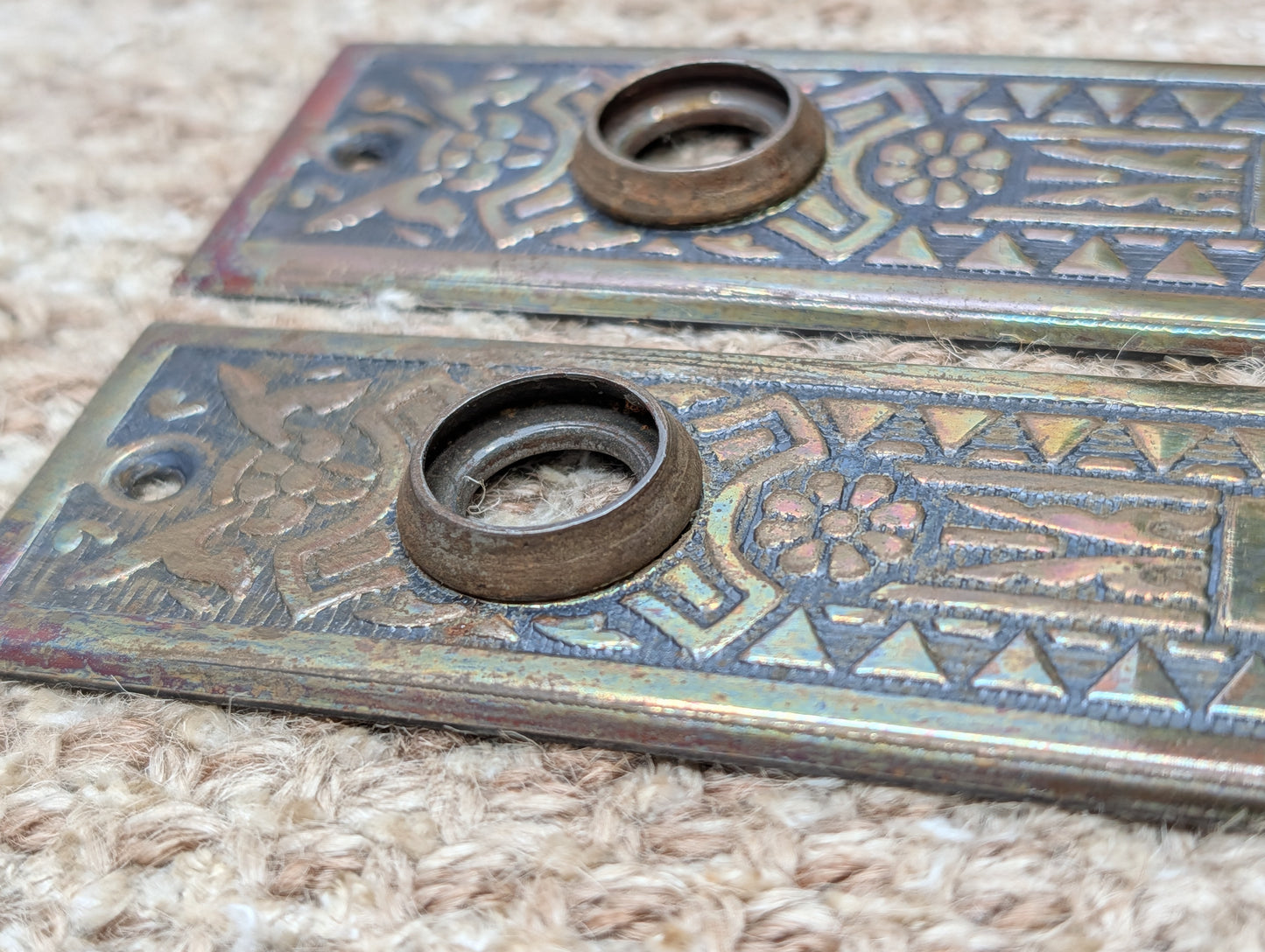 Pair 1 5/8" x 5 1/2" Antique Sargent Stamped Steel Door Knob Plates Circa 1890