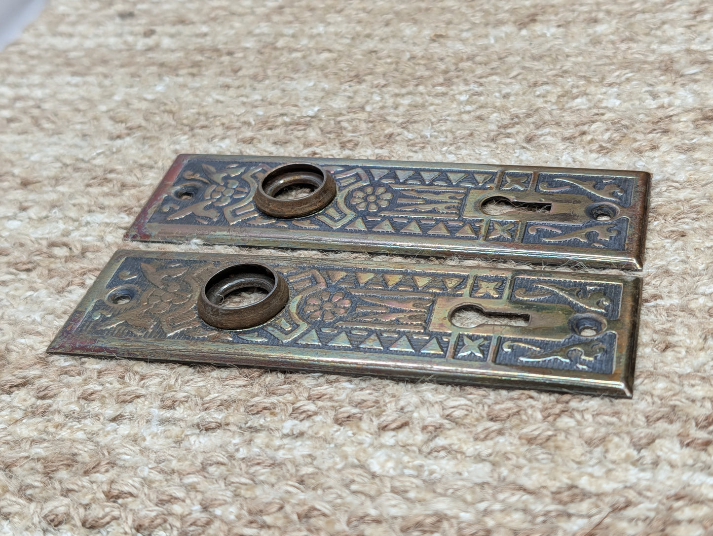 Pair 1 5/8" x 5 1/2" Antique Sargent Stamped Steel Door Knob Plates Circa 1890