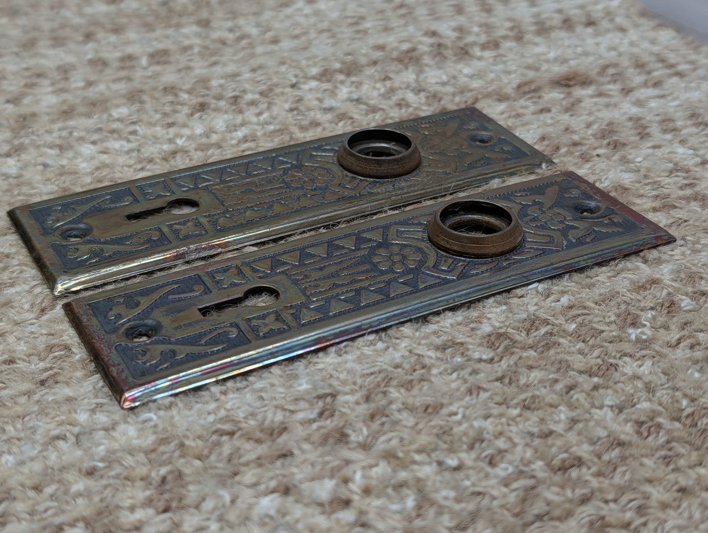Pair 1 5/8" x 5 1/2" Antique Sargent Stamped Steel Door Knob Plates Circa 1890