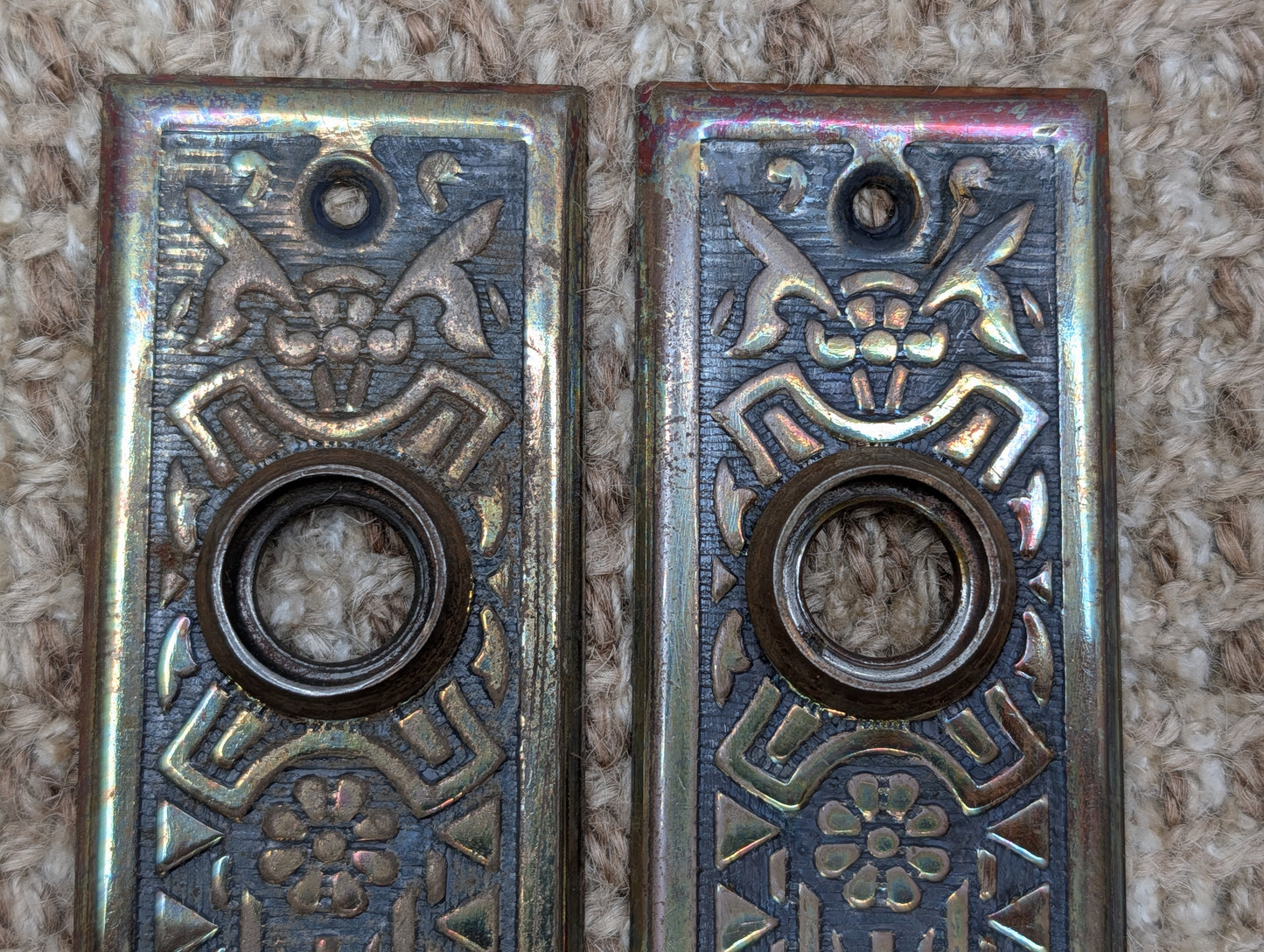 Pair 1 5/8" x 5 1/2" Antique Sargent Stamped Steel Door Knob Plates Circa 1890