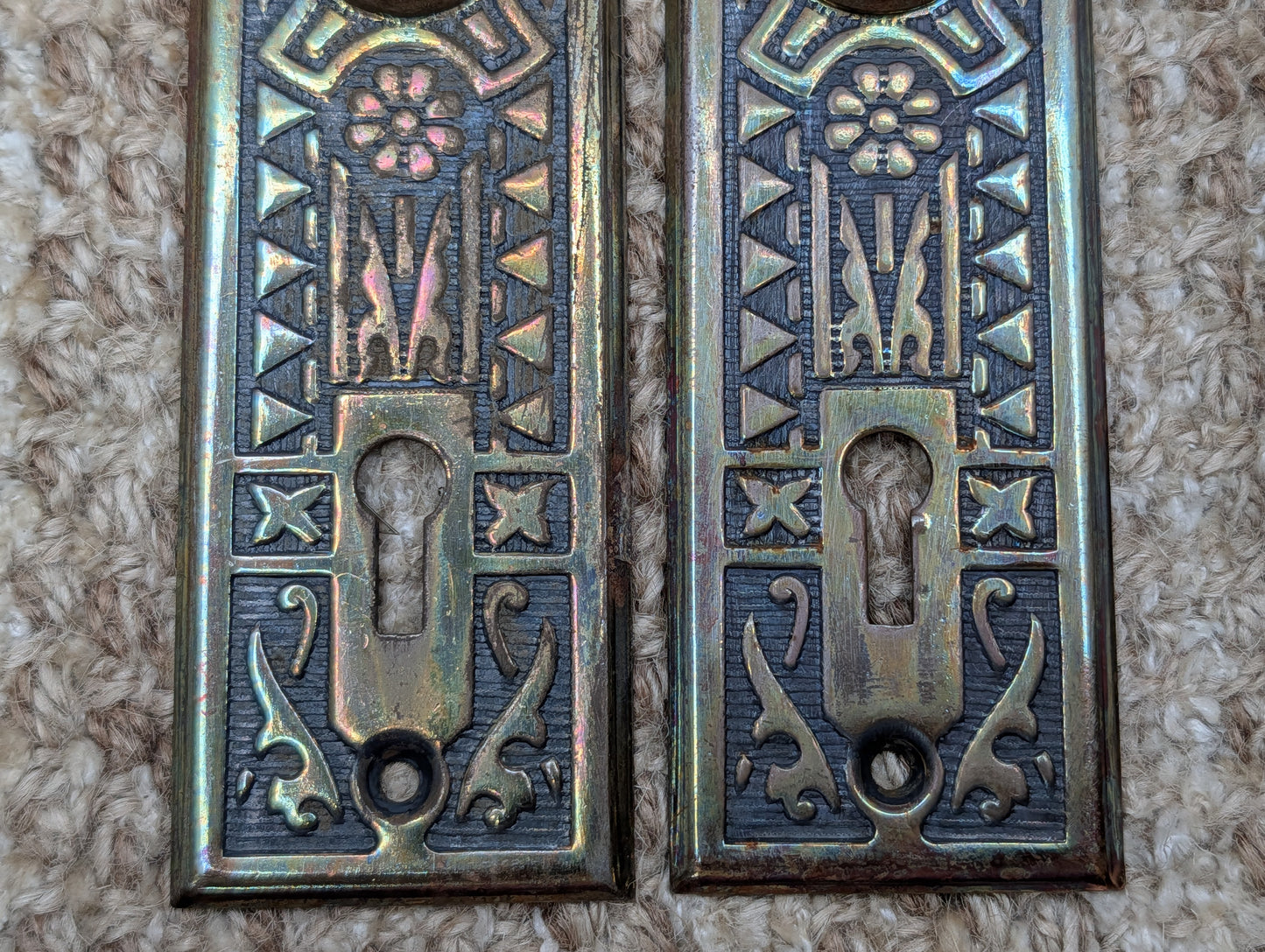 Pair 1 5/8" x 5 1/2" Antique Sargent Stamped Steel Door Knob Plates Circa 1890