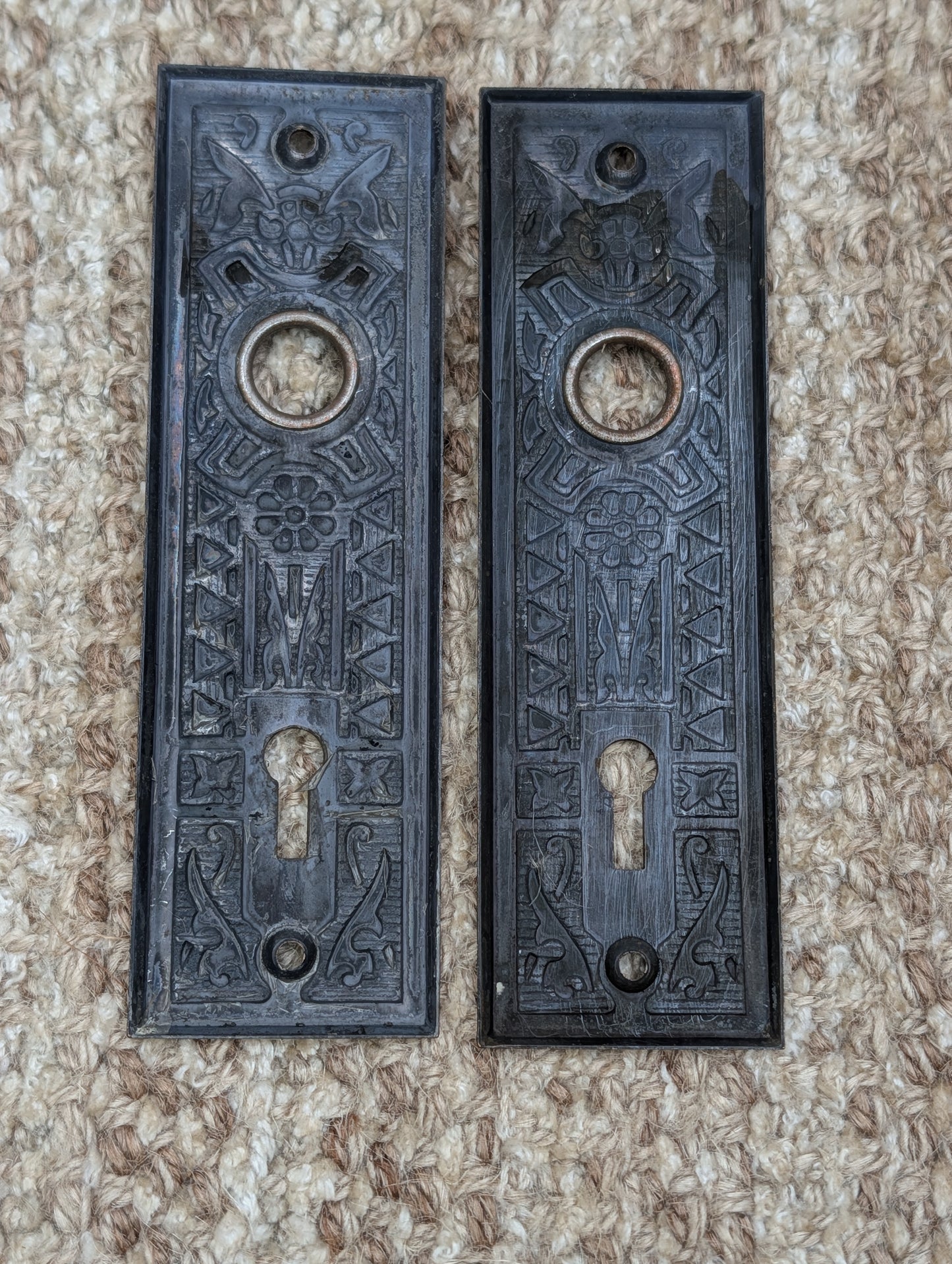 Pair 1 5/8" x 5 1/2" Antique Sargent Stamped Steel Door Knob Plates Circa 1890