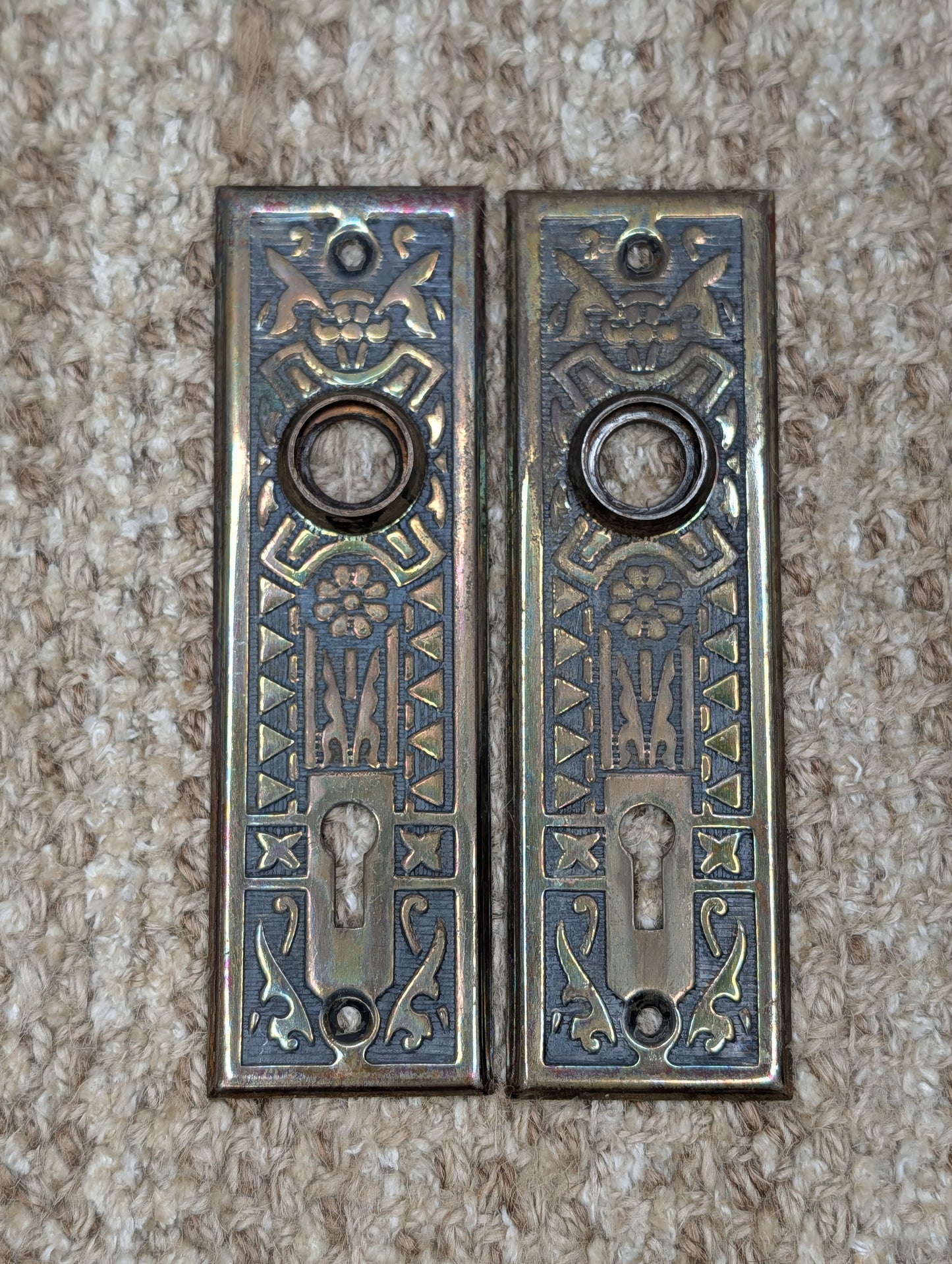 Pair 1 5/8" x 5 1/2" Antique Sargent Stamped Steel Door Knob Plates Circa 1890
