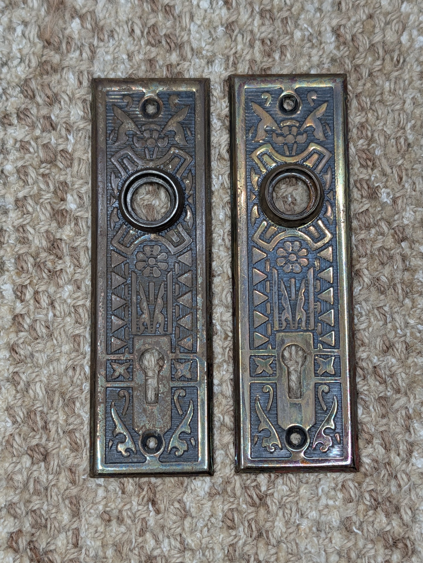 Pair 1 5/8" x 5 1/2" Antique Sargent Stamped Steel Door Knob Plates Circa 1890