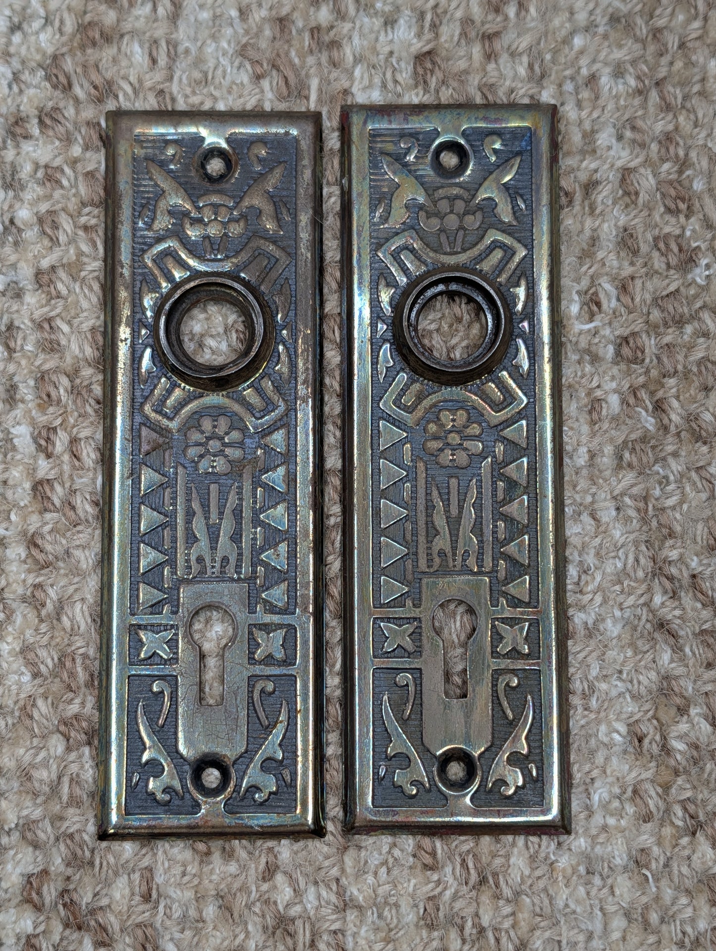 Pair 1 5/8" x 5 1/2" Antique Sargent Stamped Steel Door Knob Plates Circa 1890