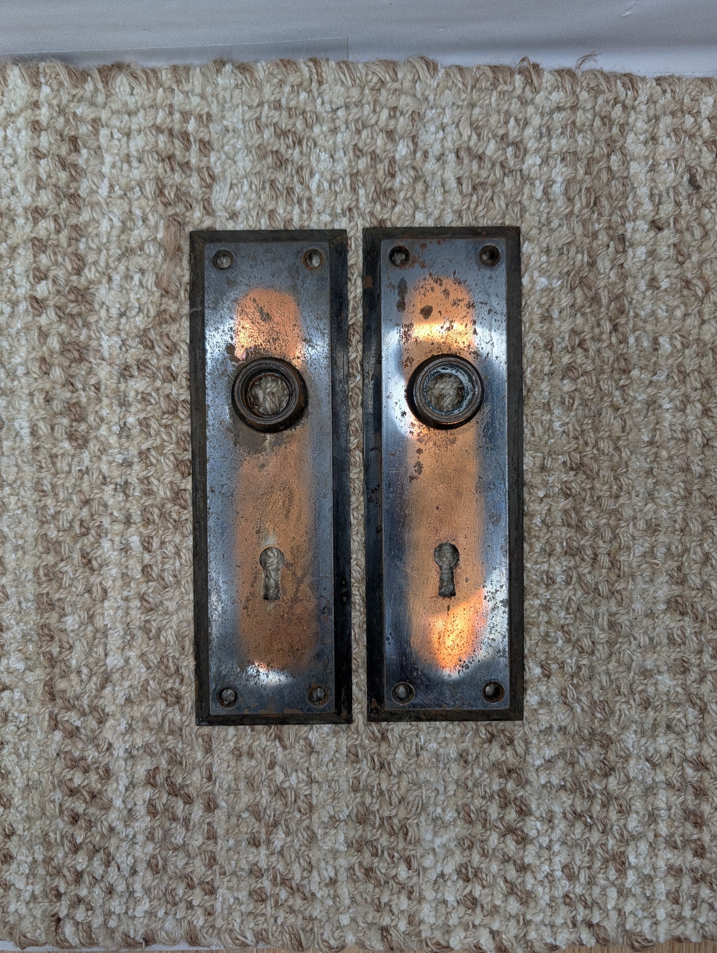 Pair 2 1/4" x 7" Antique Japanned Stamped Steel Door Knob Plates