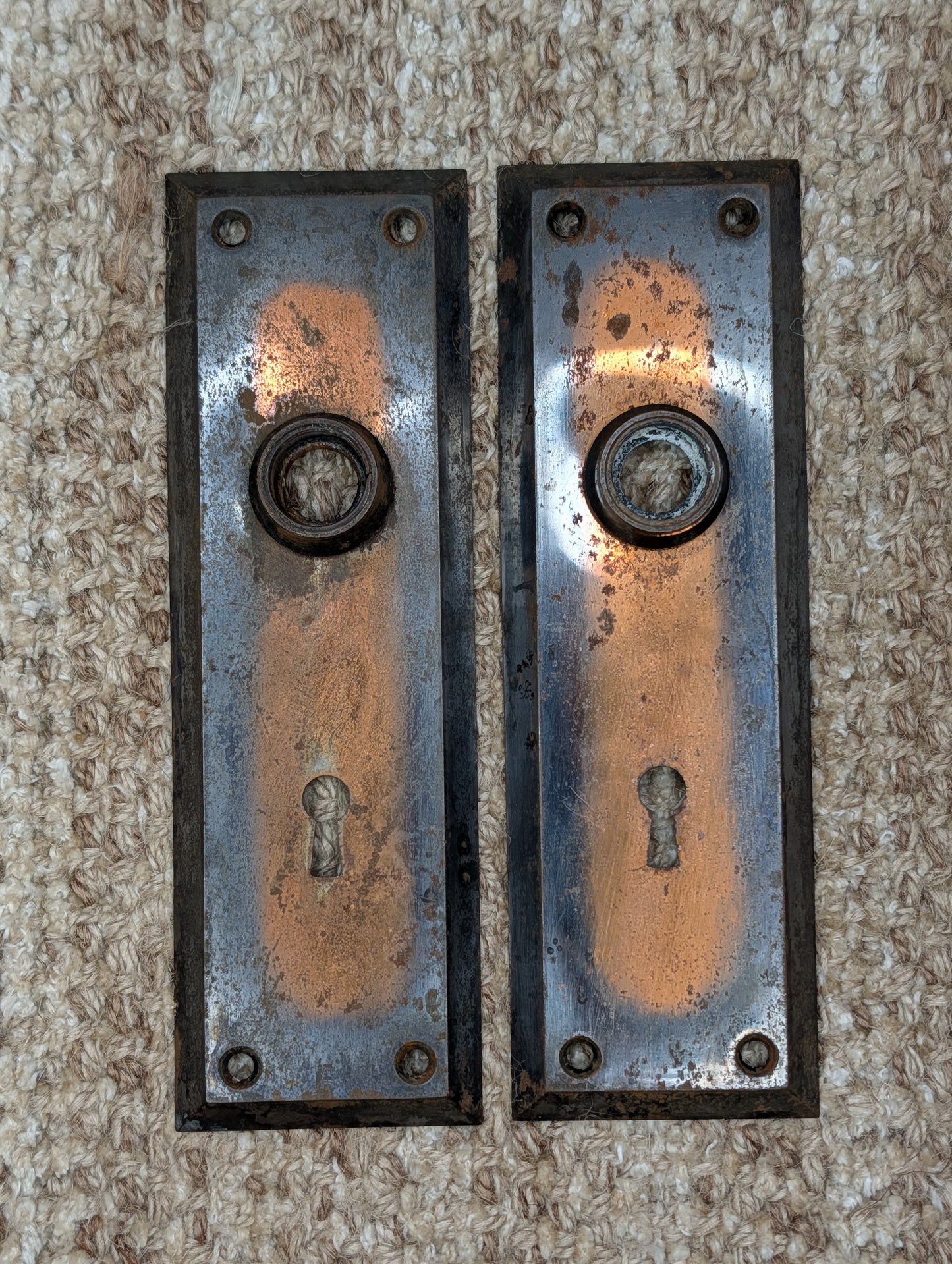 Pair 2 1/4" x 7" Antique Japanned Stamped Steel Door Knob Plates