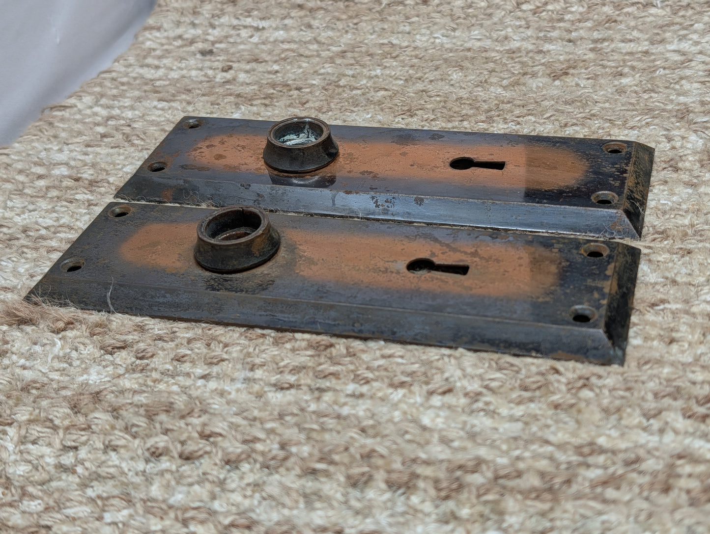 Pair 2 1/4" x 7" Antique Japanned Stamped Steel Door Knob Plates