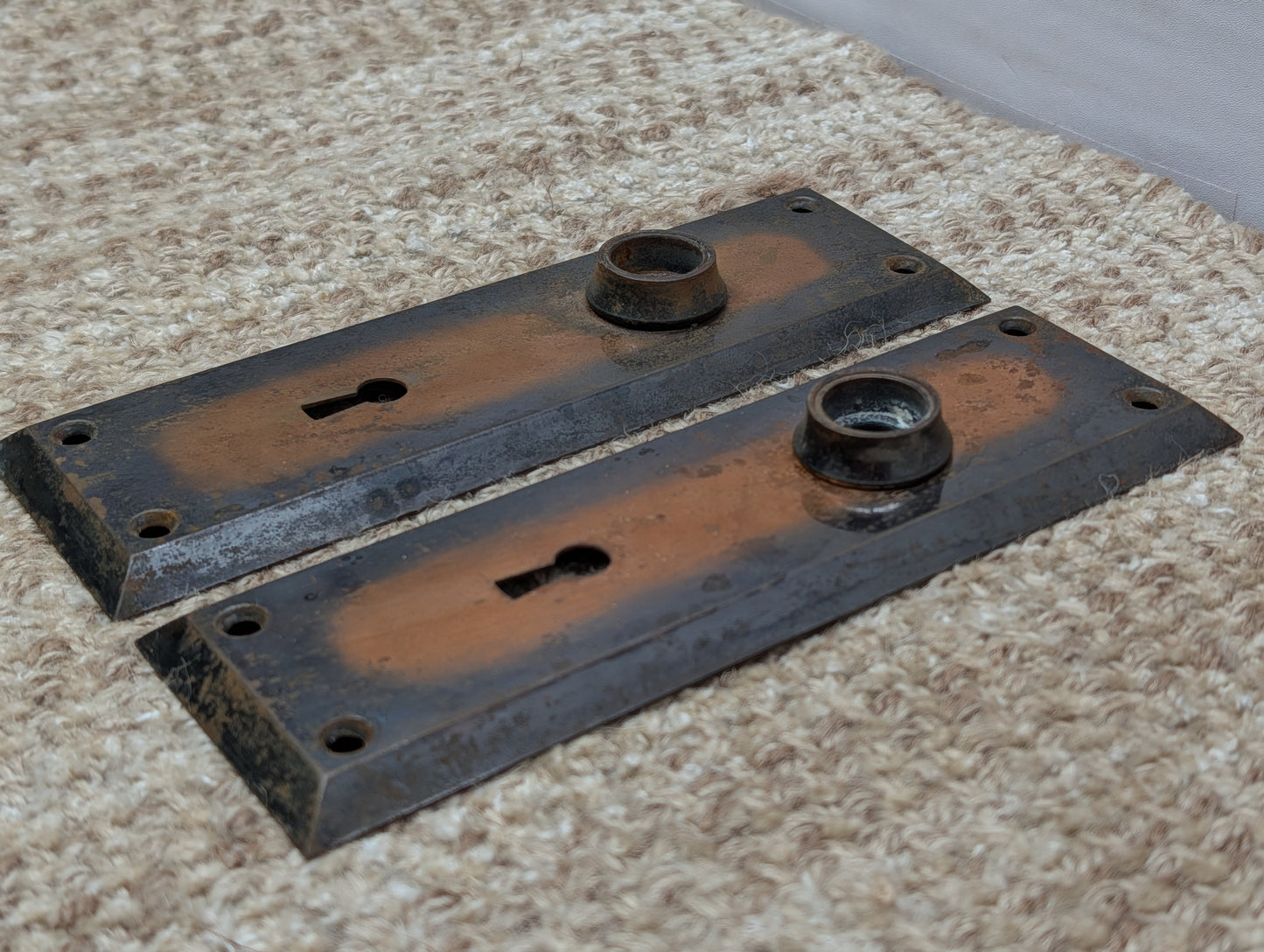 Pair 2 1/4" x 7" Antique Japanned Stamped Steel Door Knob Plates