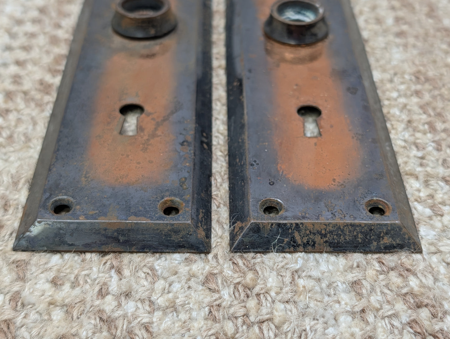 Pair 2 1/4" x 7" Antique Japanned Stamped Steel Door Knob Plates