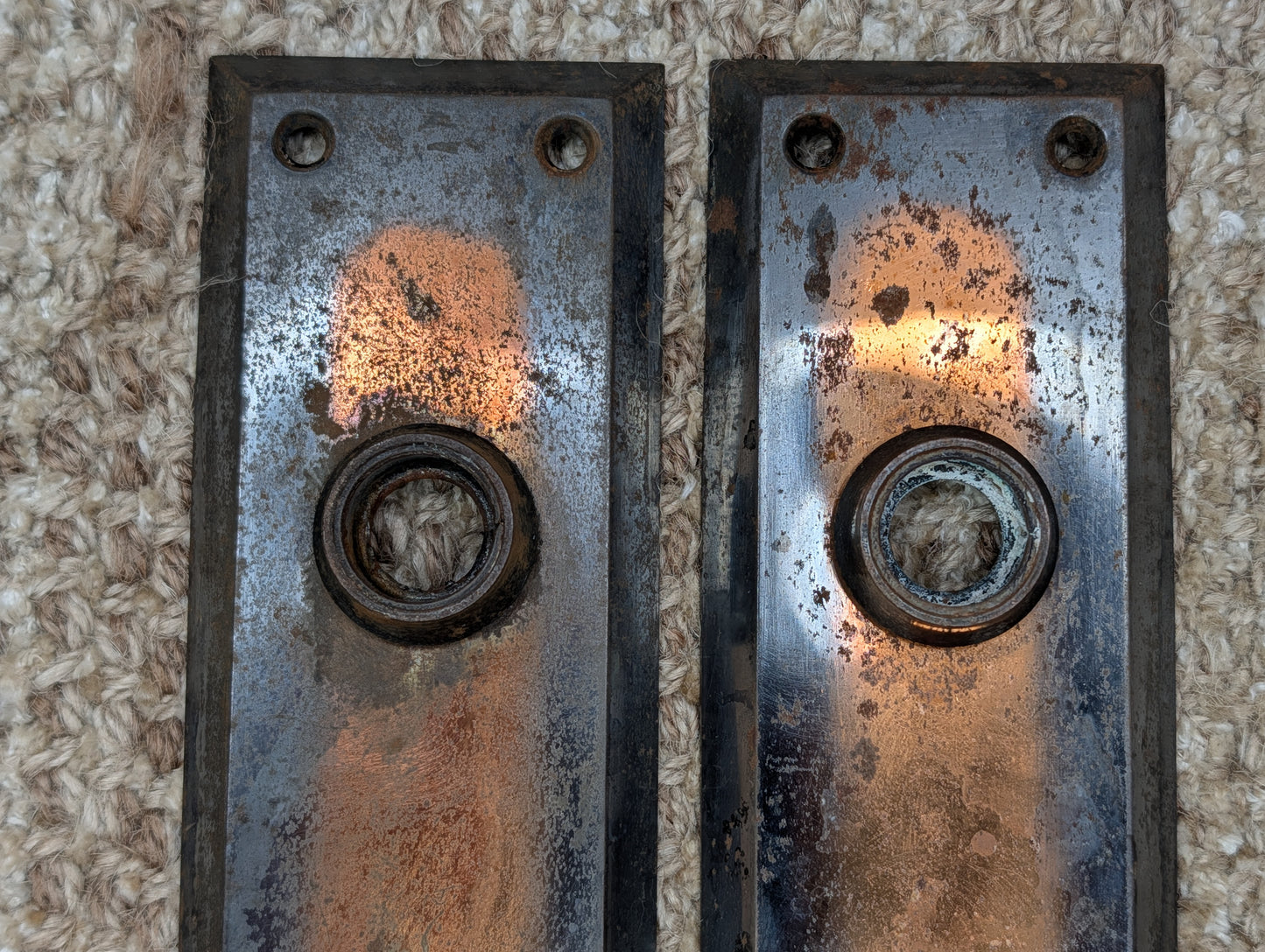 Pair 2 1/4" x 7" Antique Japanned Stamped Steel Door Knob Plates